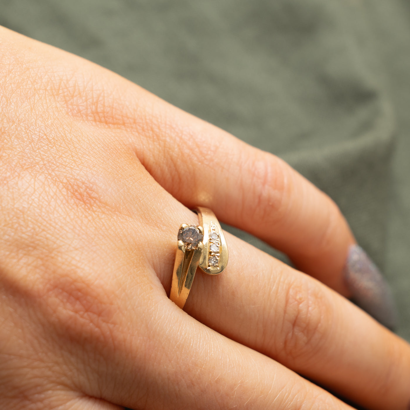 14k Yellow Gold Brown & White Diamond Bypass Ring | 0.34ctw | SZ 7.25