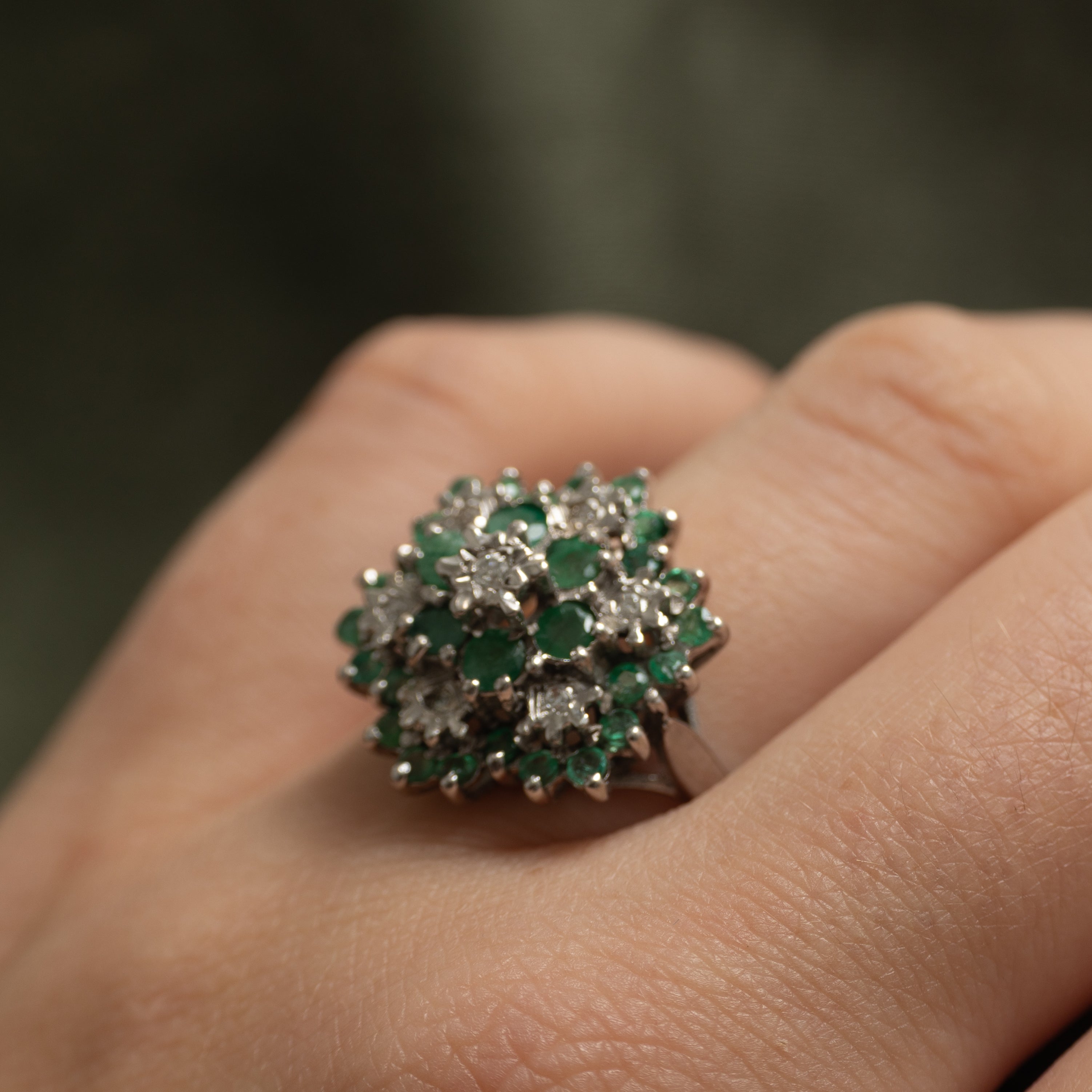 18k Emerald & Diamond Cluster Cocktail Ring | 1.02ctw, 0.06ctw | SZ 6.5