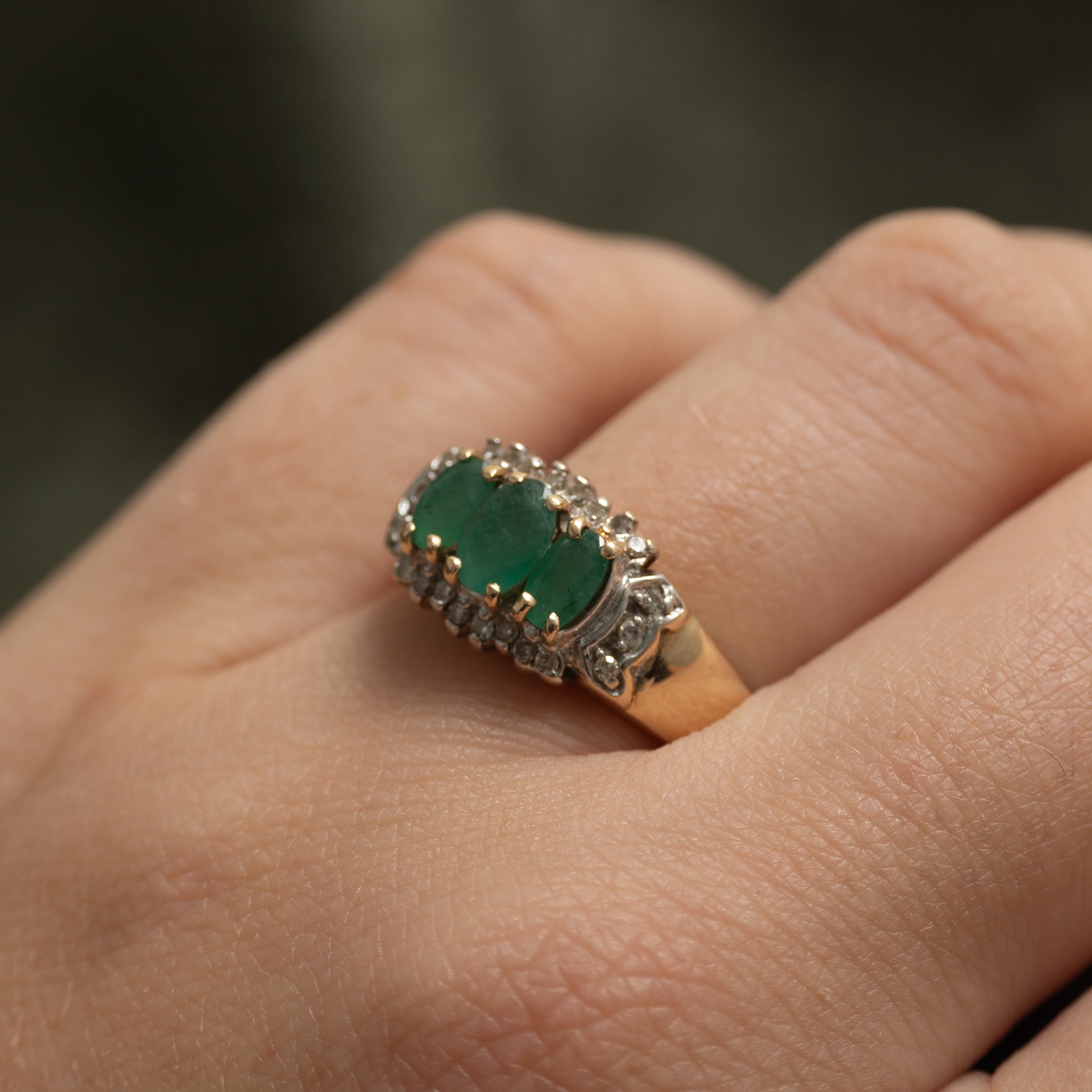 Three Stone Emerald & Diamond Halo Ring | 0.79ctw, 0.11ctw | SZ 7.25