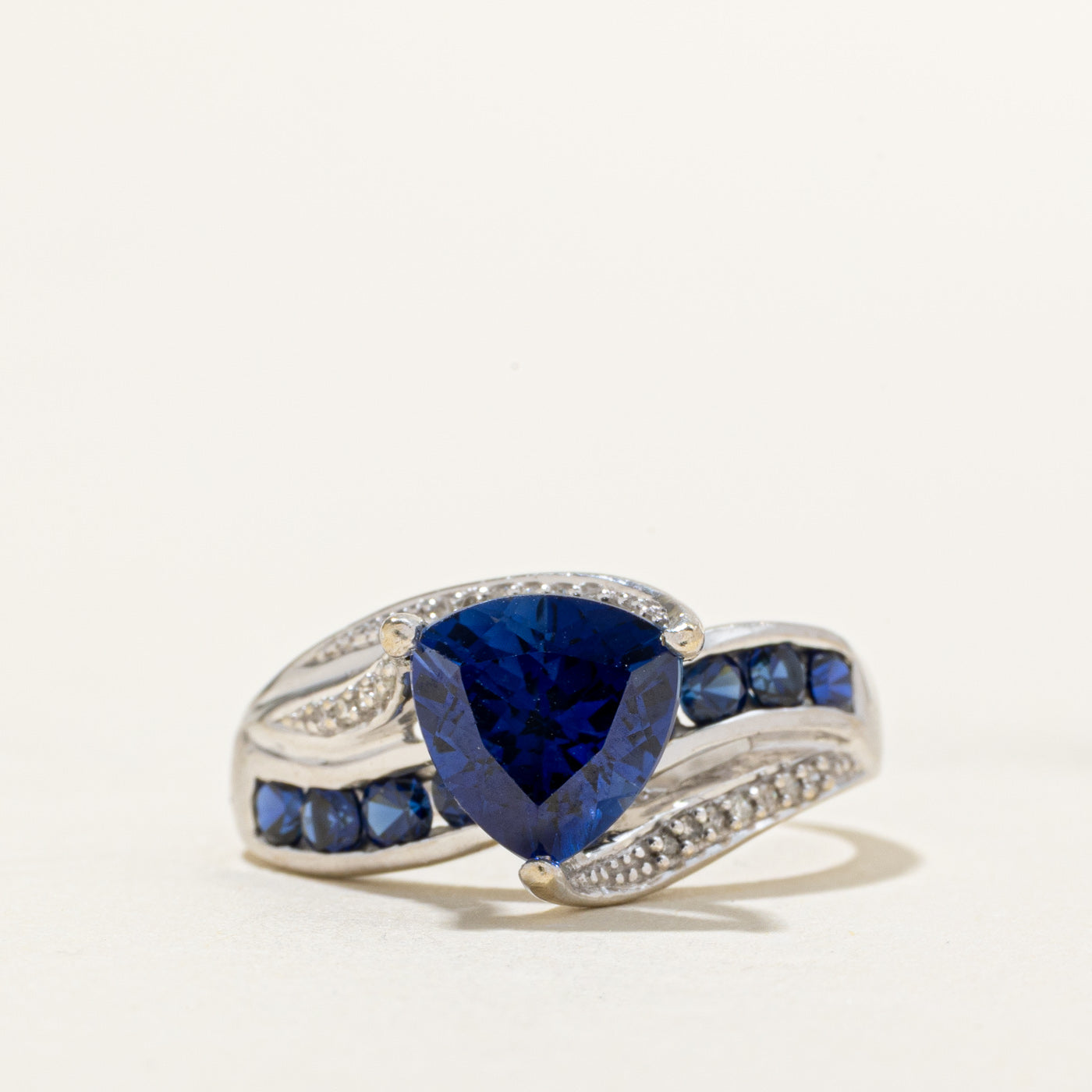 Solitaire Synthetic Sapphire & Diamond Bypass Ring | 3.84ctw, 0.06ctw | SZ 6.75
