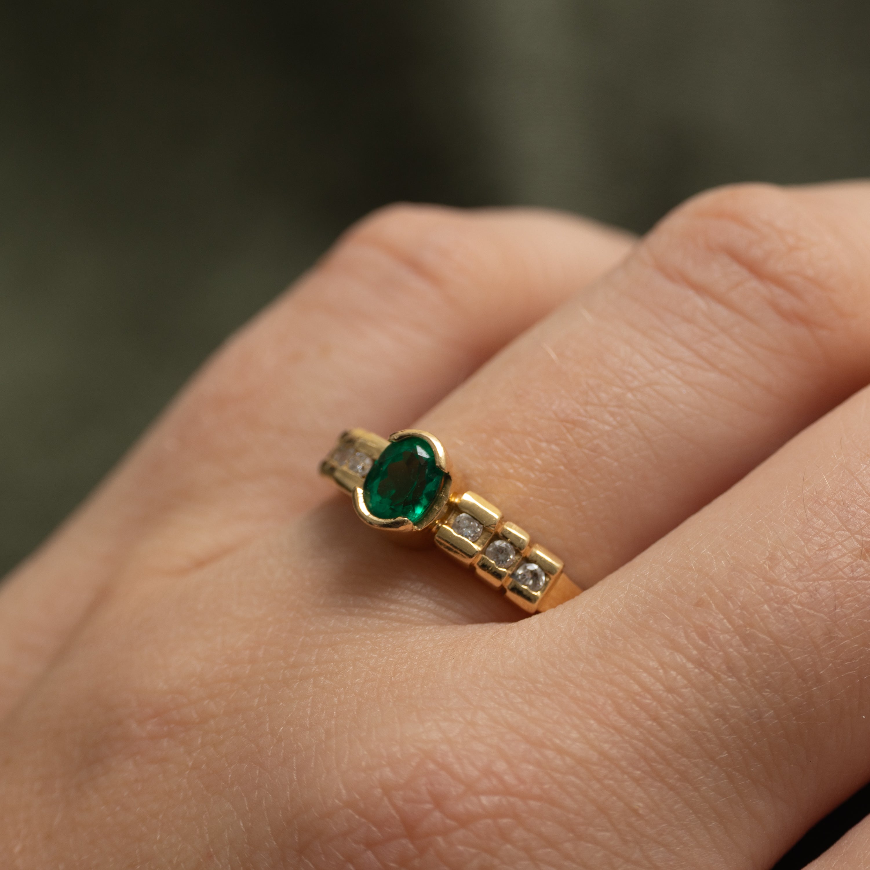 18k Semi Bezel Set Synthetic Emerald & Diamond Ring | 0.42ct, 0.15ctw | SZ 7.25
