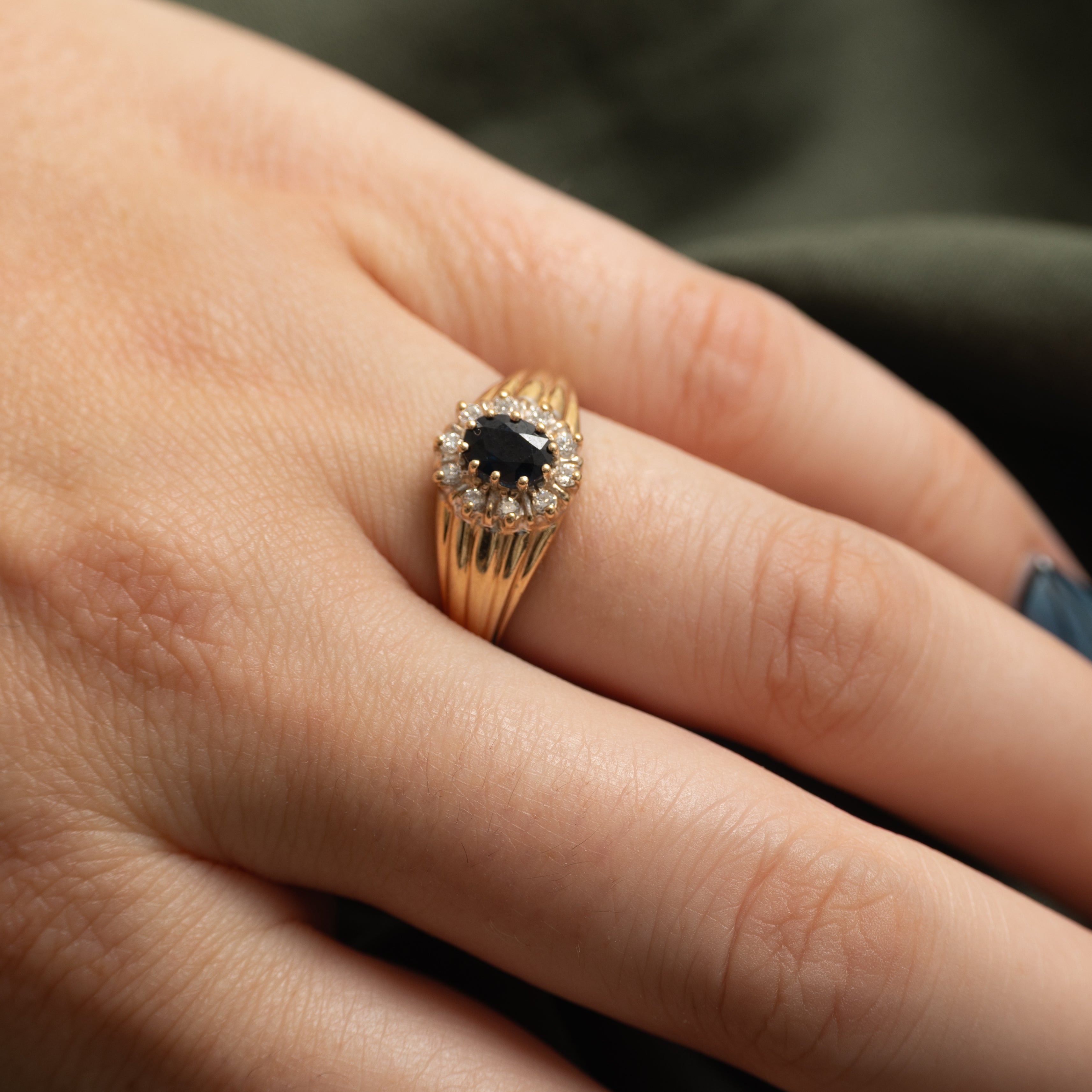 Sapphire & Diamond Halo Grooved Ring | 0.50ct, 0.10ctw | SZ 6.75
