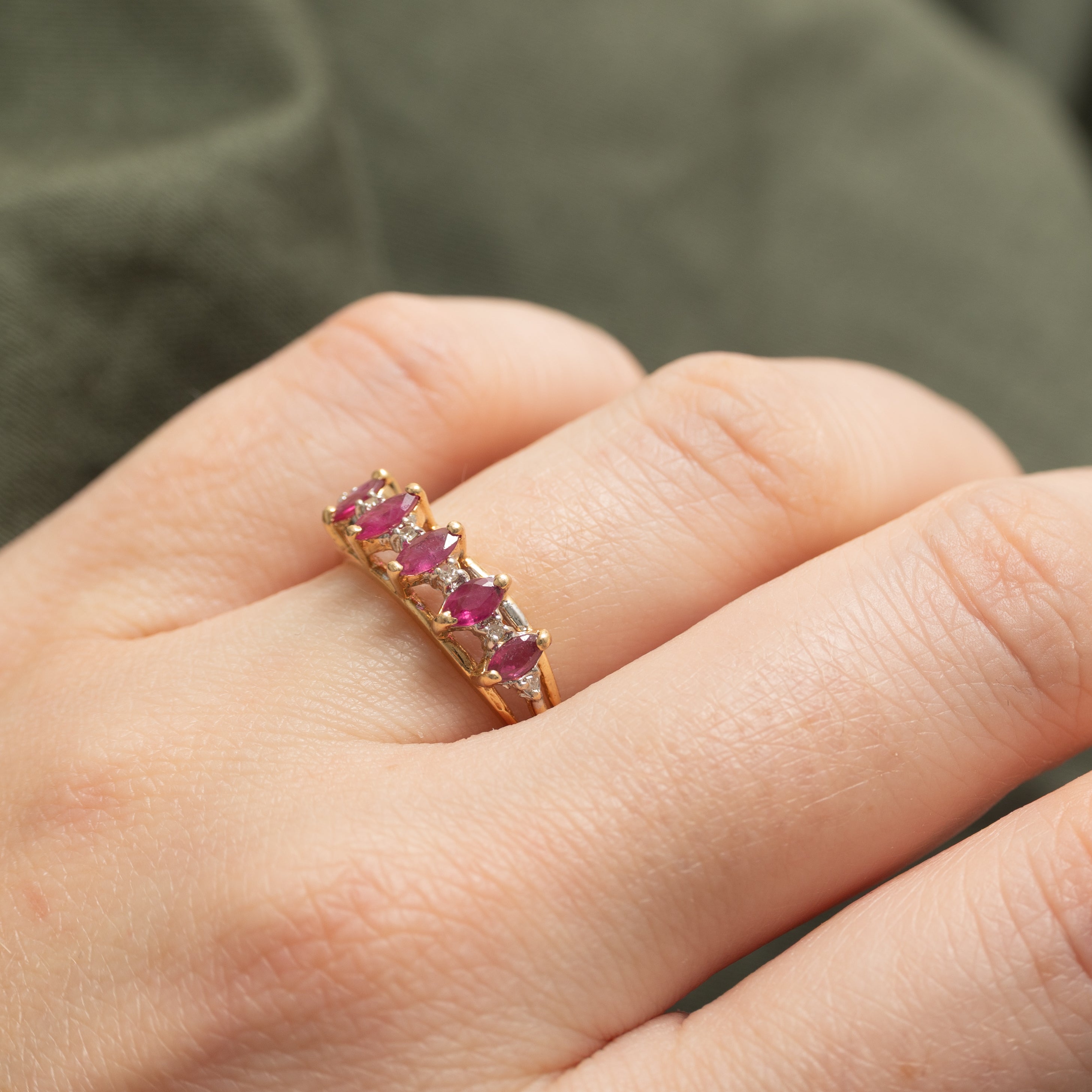 Five Stone Marquise Cut Ruby & Diamond Ring | 0.5ctw, 0.03ctw | SZ 6.5 |