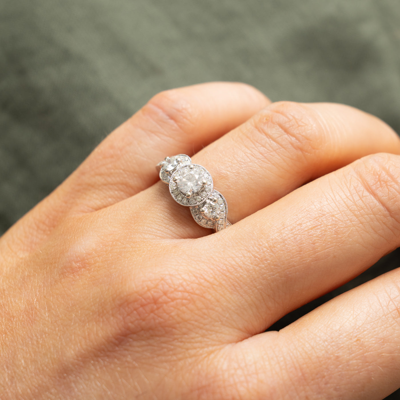 14k Three Stone Diamond Halo Engagement Ring | 0.70ctw | SZ 7.25
