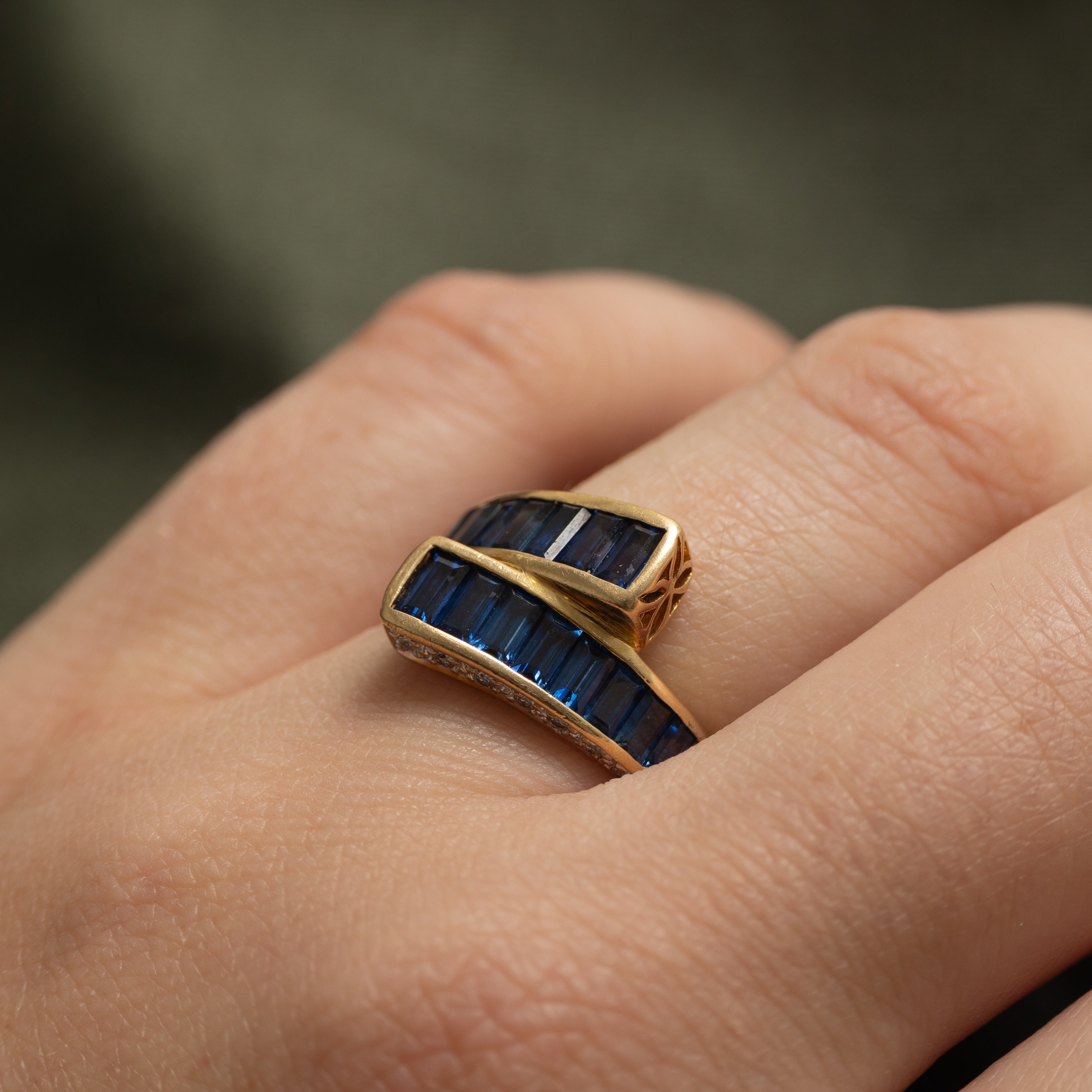 18k Baguette Cut Sapphire & Diamond Bypass Ring | 1.96ctw, 0.08ctw | SZ 5.5