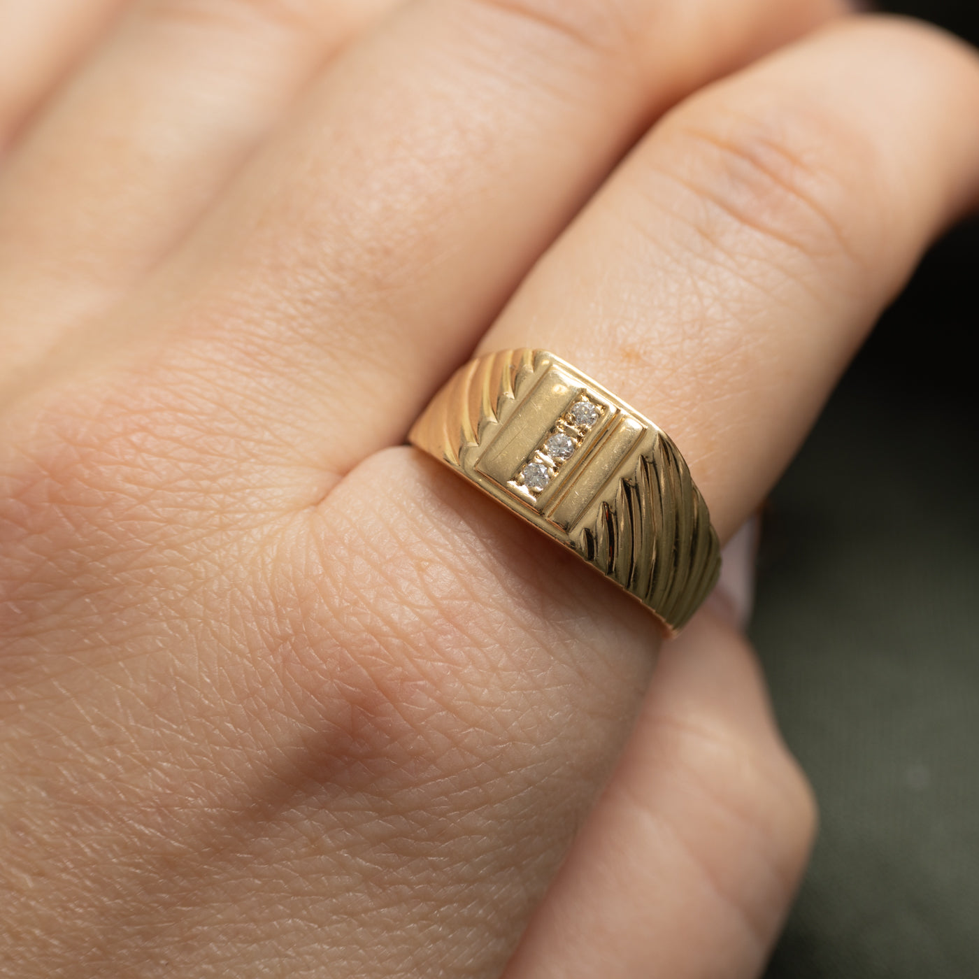 Diamond Geometric Grooved Signet Ring | SZ 8.75