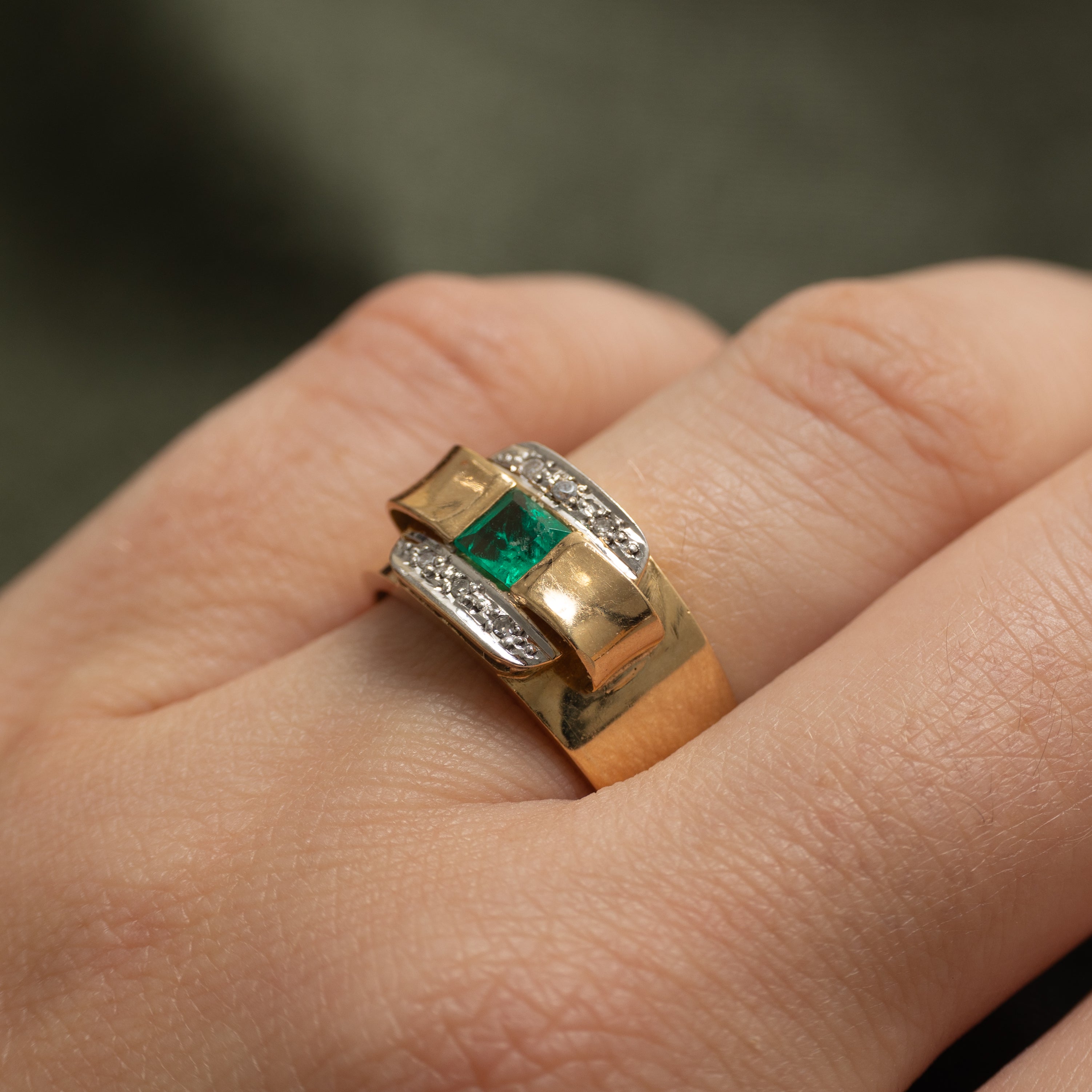 18k Step Cut Emerald & Diamond Chunky Ring | 0.27ct, 0.03ctw | SZ 7.5