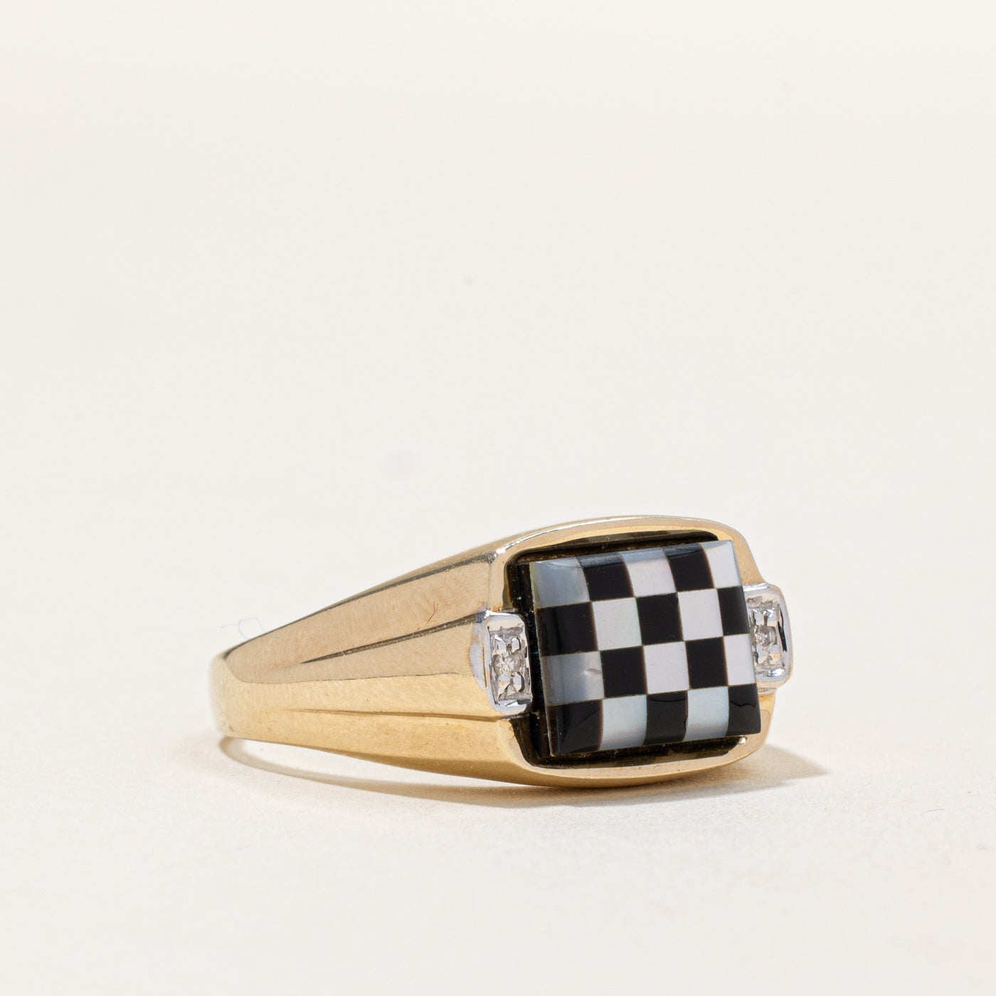 Onyx & Mother Of Pearl Checkerboard Ring | 1.50ctw, 0.01ctw | SZ 9.75 |