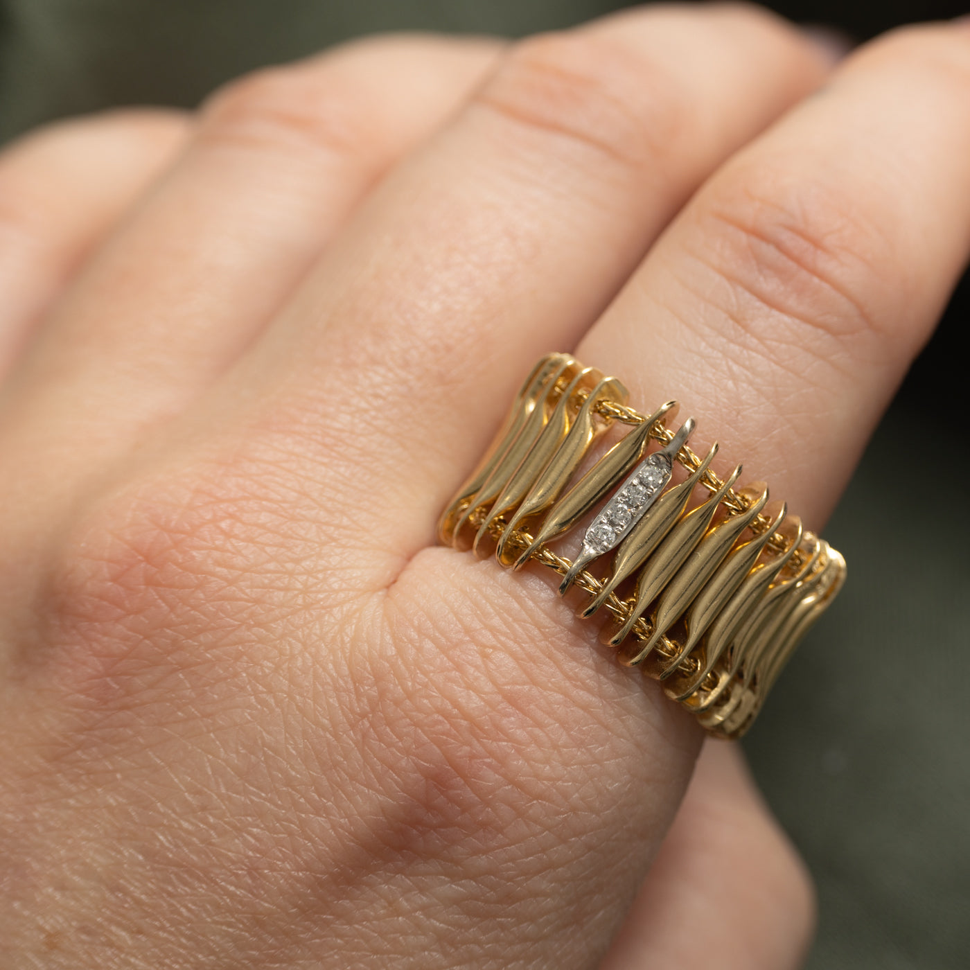 Yellow Gold Diamond Column Chain Ring | SZ 10.25