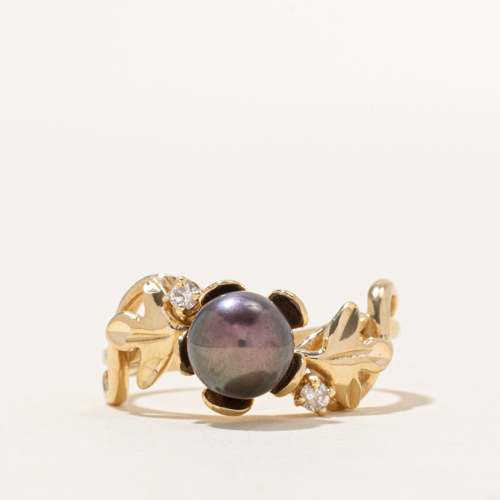 Black Pearl & Diamond Floral Ring | 0.06ctw | SZ 7