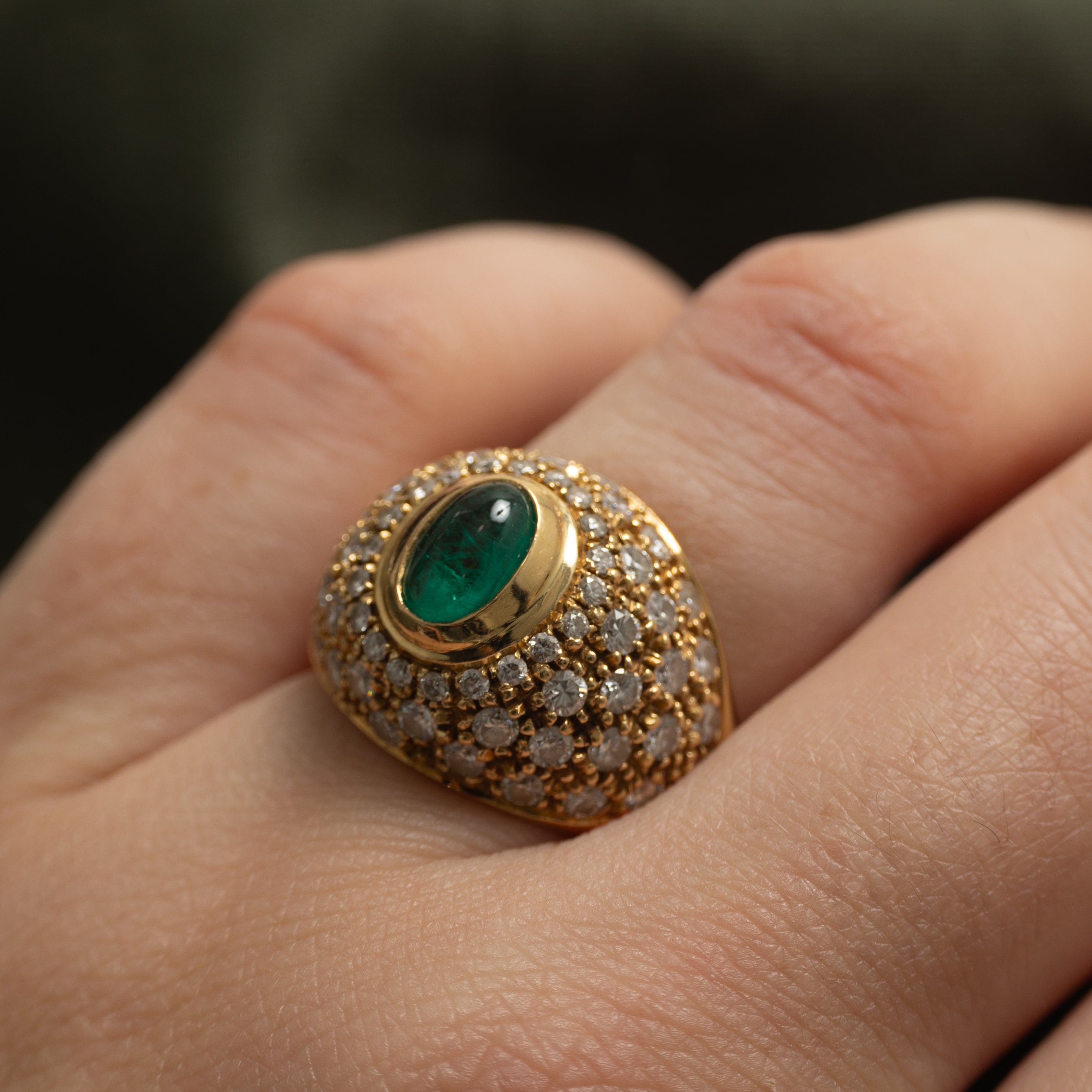 18k Cabochon Emerald & Diamond Dome Ring | 0.70ct, 1.55ctw | SZ 5.5