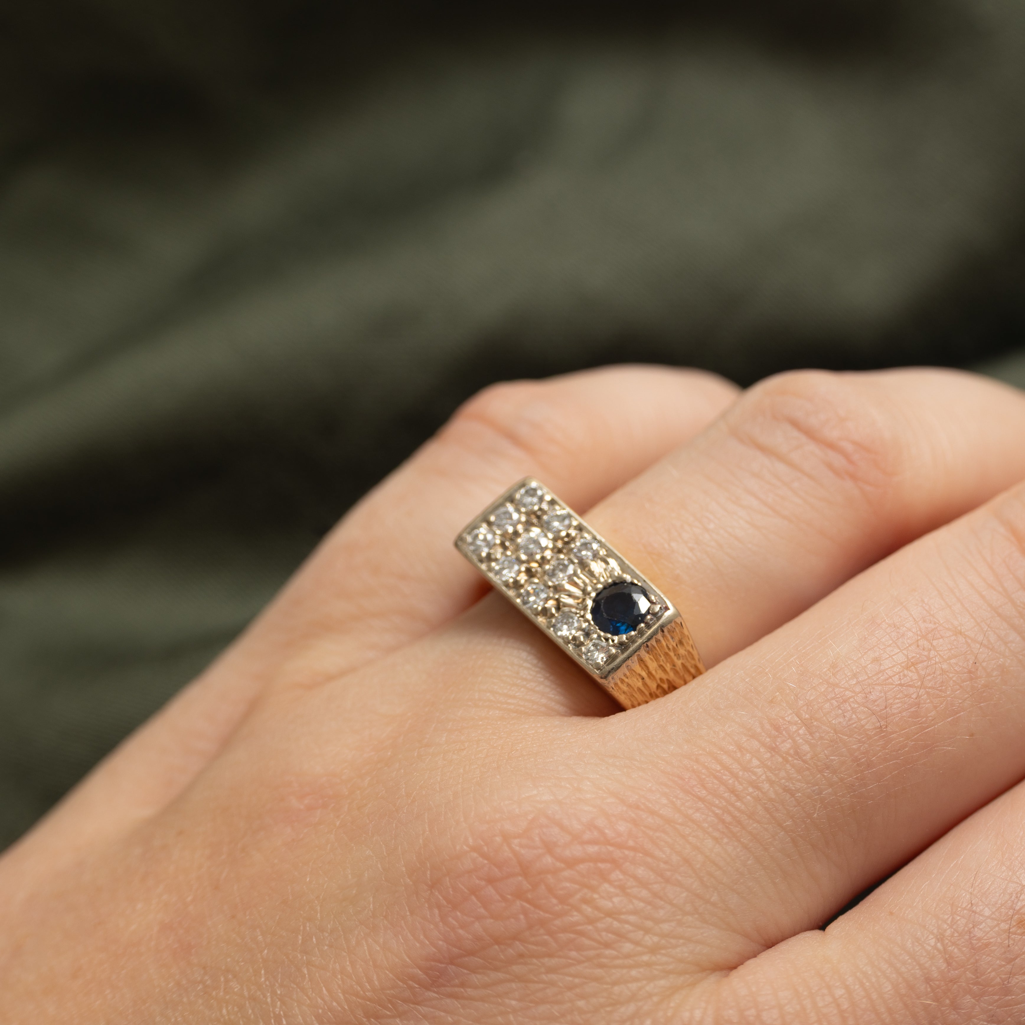 Sapphire & Diamond Grid Textured Signet Ring | 0.35ct, 0.30ctw | SZ 8.25
