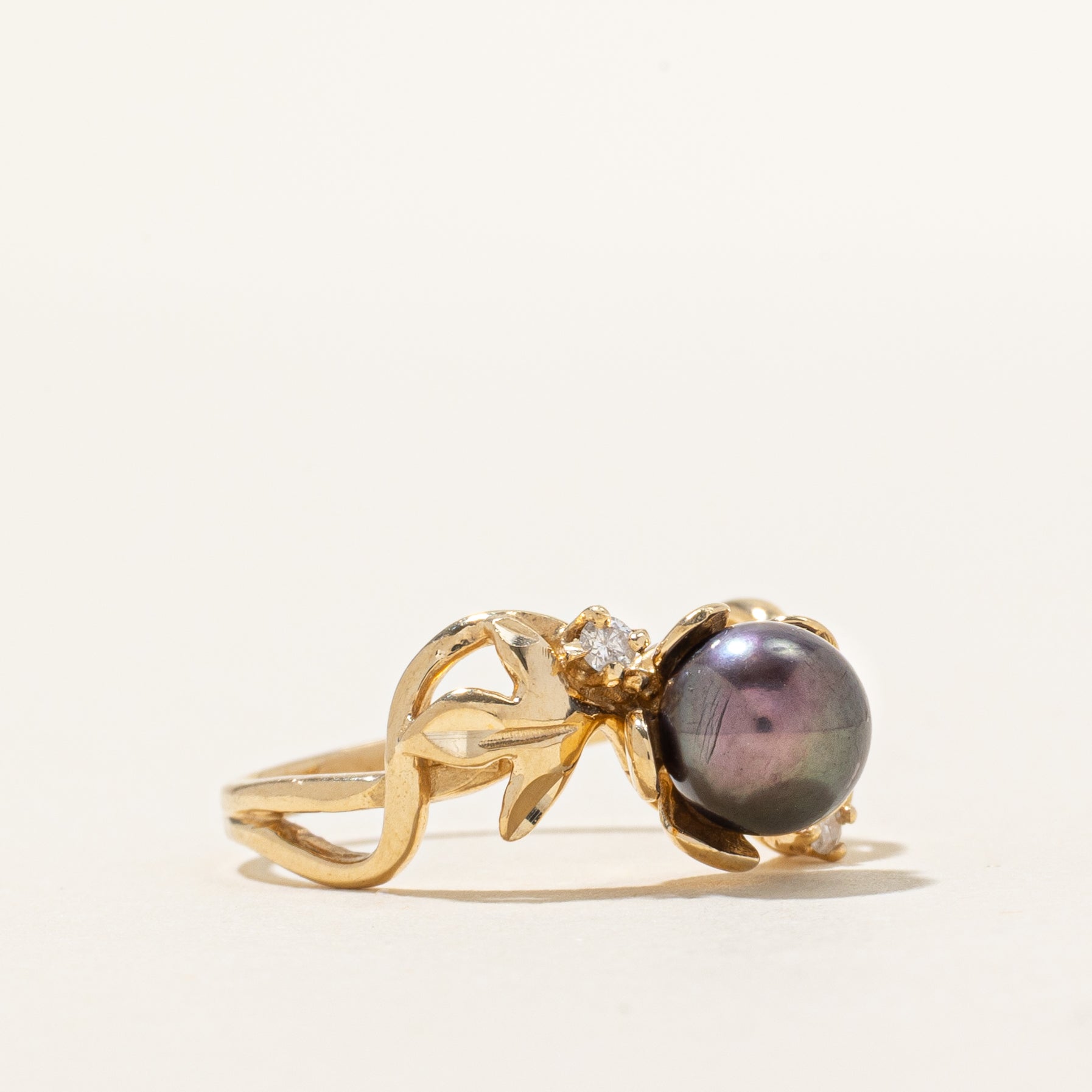 Black Pearl & Diamond Floral Ring | 0.06ctw | SZ 7