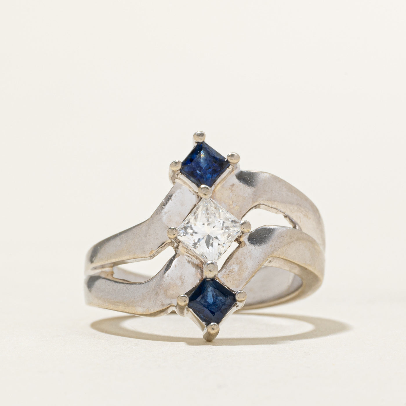 Three Stone Princess Cut Diamond & Sapphire Bypass Ring | 0.48ct, 0.46ctw | SZ 6