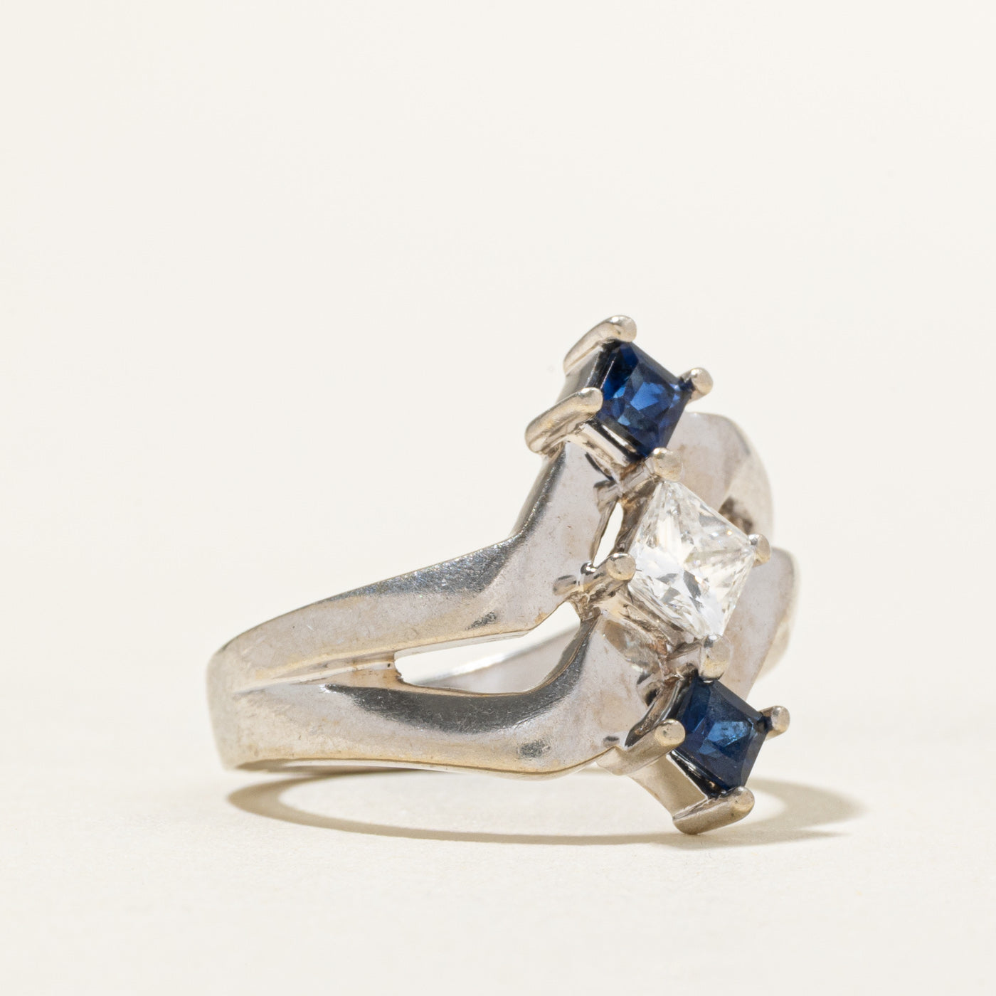 Three Stone Princess Cut Diamond & Sapphire Bypass Ring | 0.48ct, 0.46ctw | SZ 6