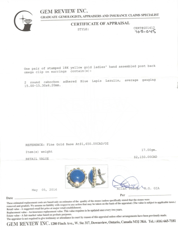 18k Yellow Gold Blue Lapis Lazulis Earring | 15.00-15.30mmx6.20mm |