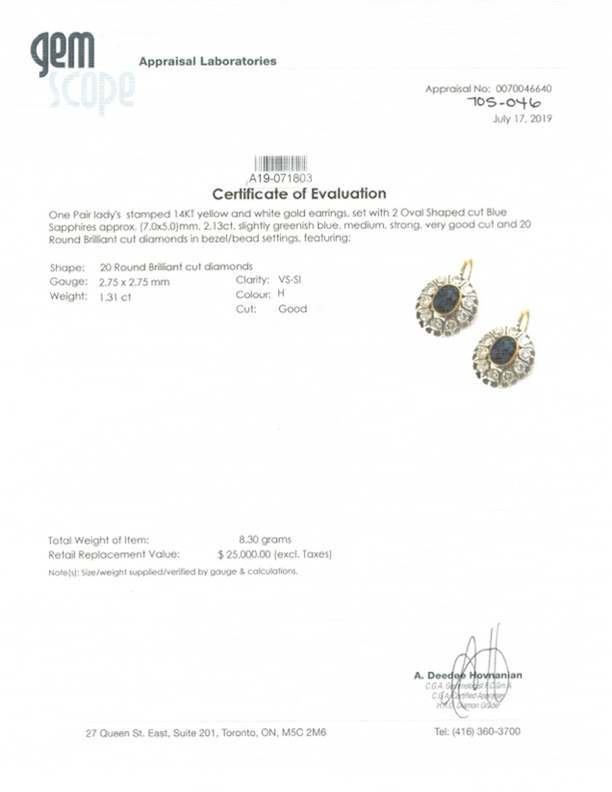 14k Yellow and White Gold Sapphire and Diamond Earring | 2.13ctw, 1.31ctw |