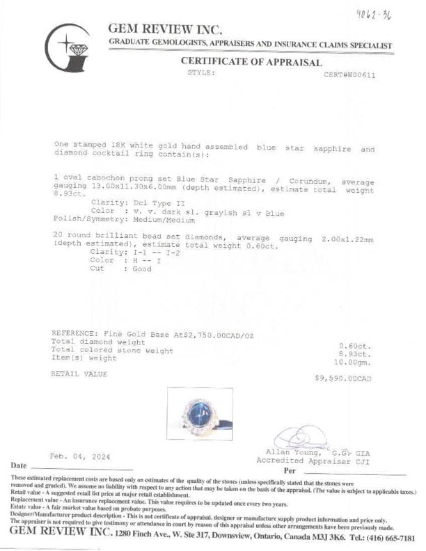 Bague cocktail halo saphir étoilé et diamants | 8,93 ct, 0,60 ct au total | Taille 6,5 | 