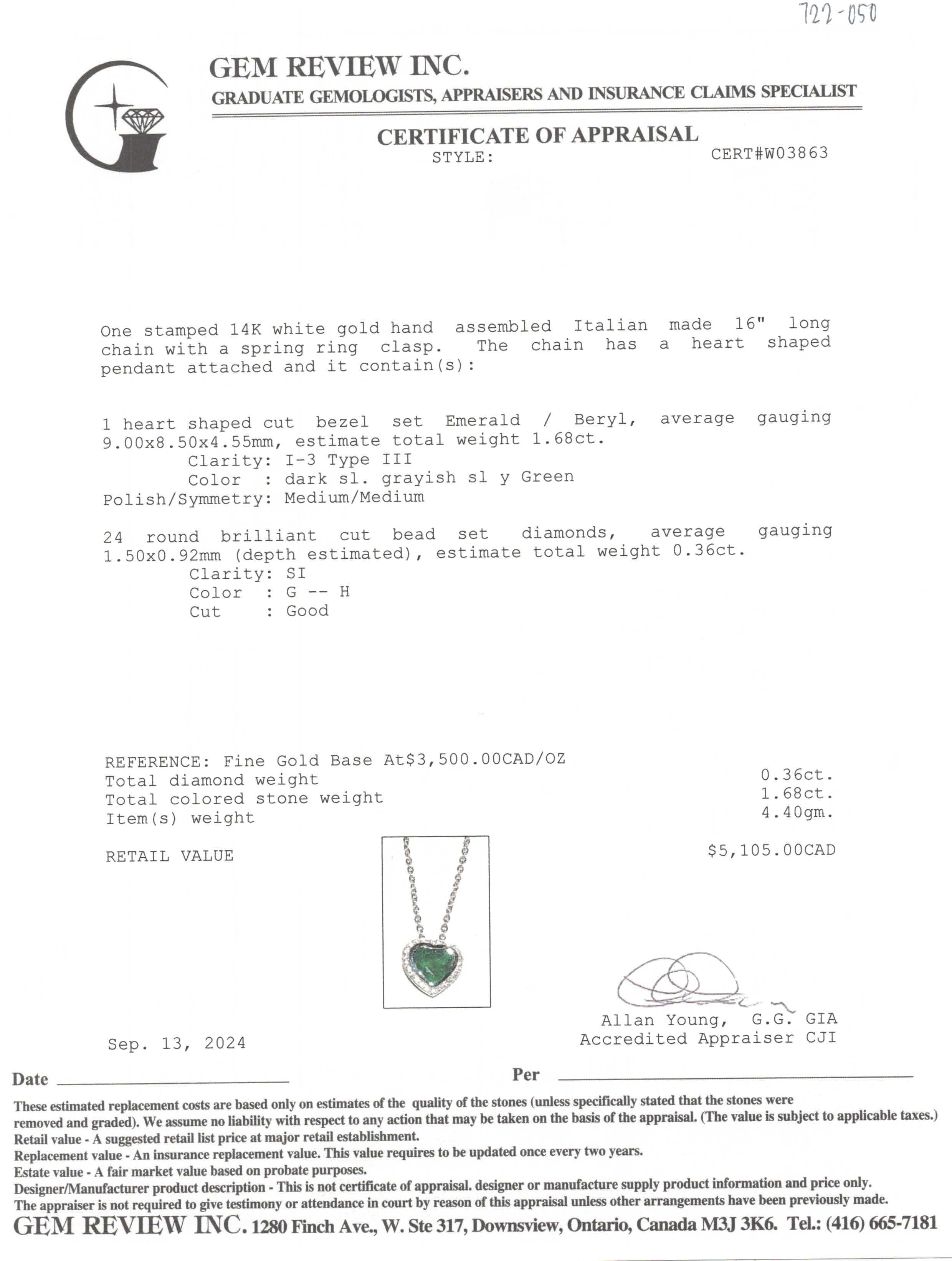 Emerald & Diamond Halo Heart Pendant & Necklace | 1.68ct, 0.36ctw | 16" |