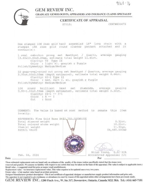 Amethyst & Diamond Pendant Necklace | 6.96ctw, 0.32ctw | 18" |