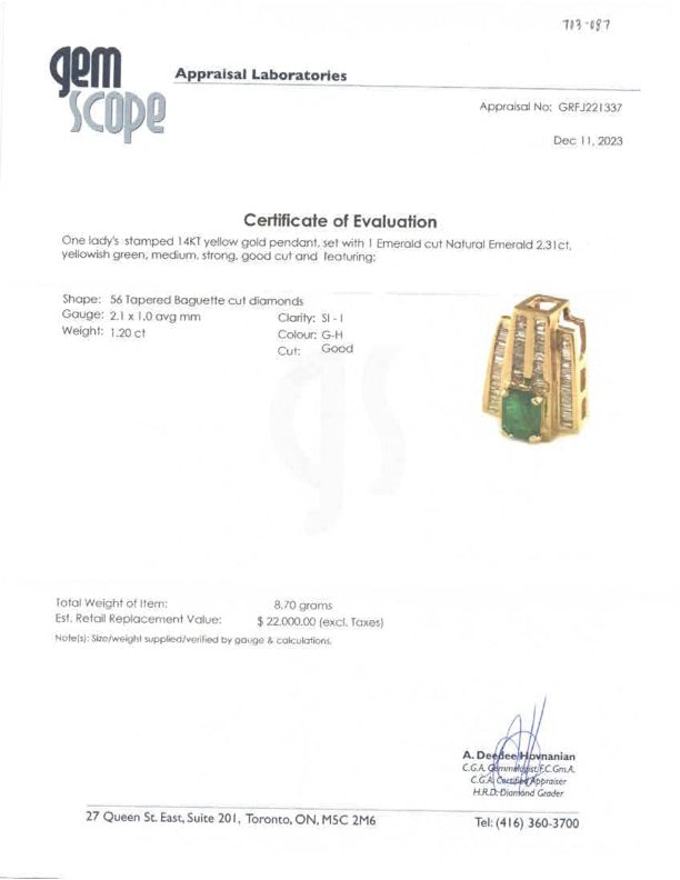 14k Yellow Gold Emerald and Diamonds Pendant | 1.20 ctw