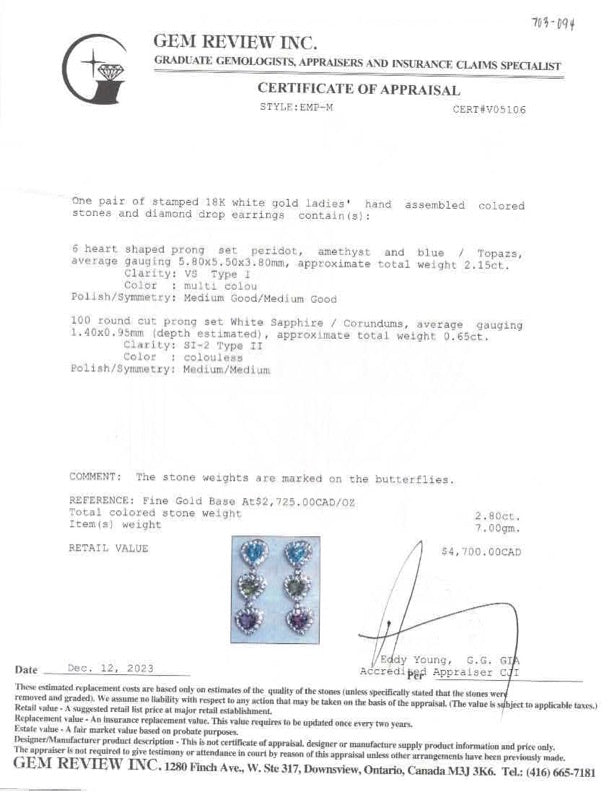 18k White Gold Multi Gem Heart Earrings | 2.15 ctw, 2.80 ctw