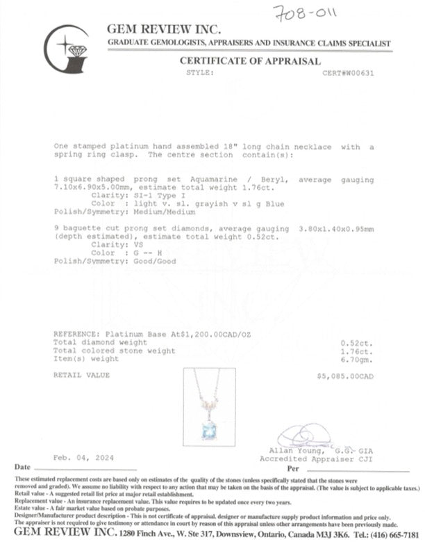 Aquamarine & Diamond Pendant Necklace | 1.76ct, 0.52ctw | 18" |