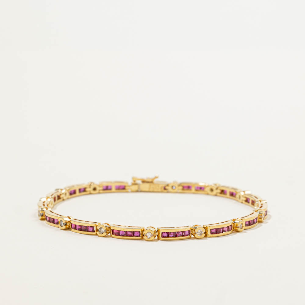 Bar Link Ruby Bracelet With Half Bezel Diamond Accents