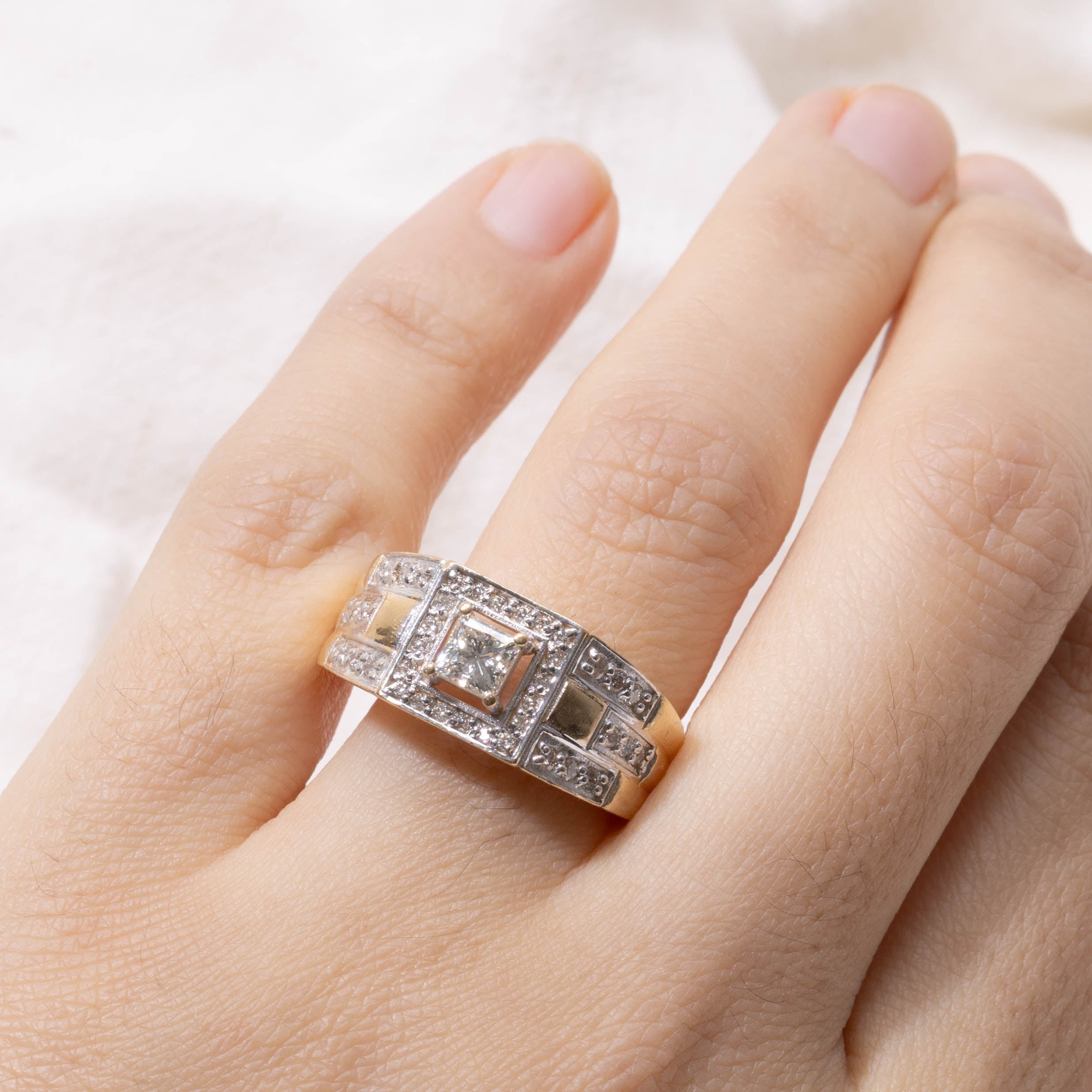 GIA Princess Cut Diamond Open Halo Geometric Ring | GIA 0.50ct VS2 J, 0.31ctw | SZ 9.75