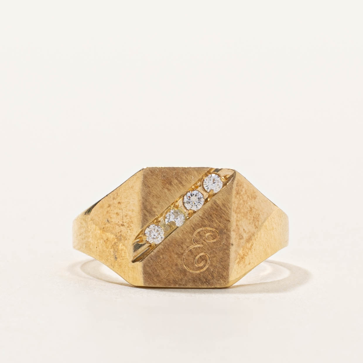18k Diagonal Diamond “E” Initialized Signet Ring | SZ 5.5
