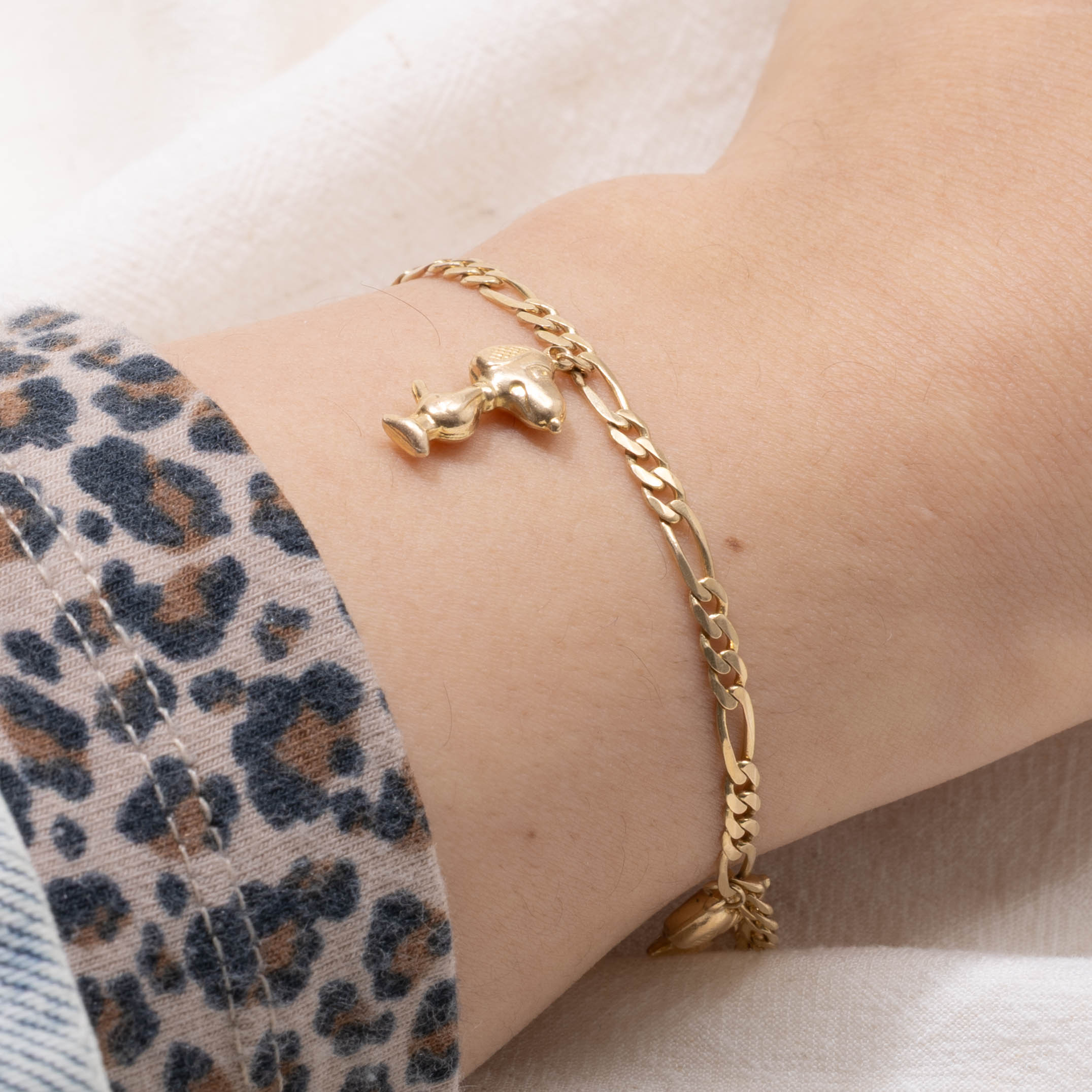 14k Snoopy Figaro Link Charm Bracelet | 7"