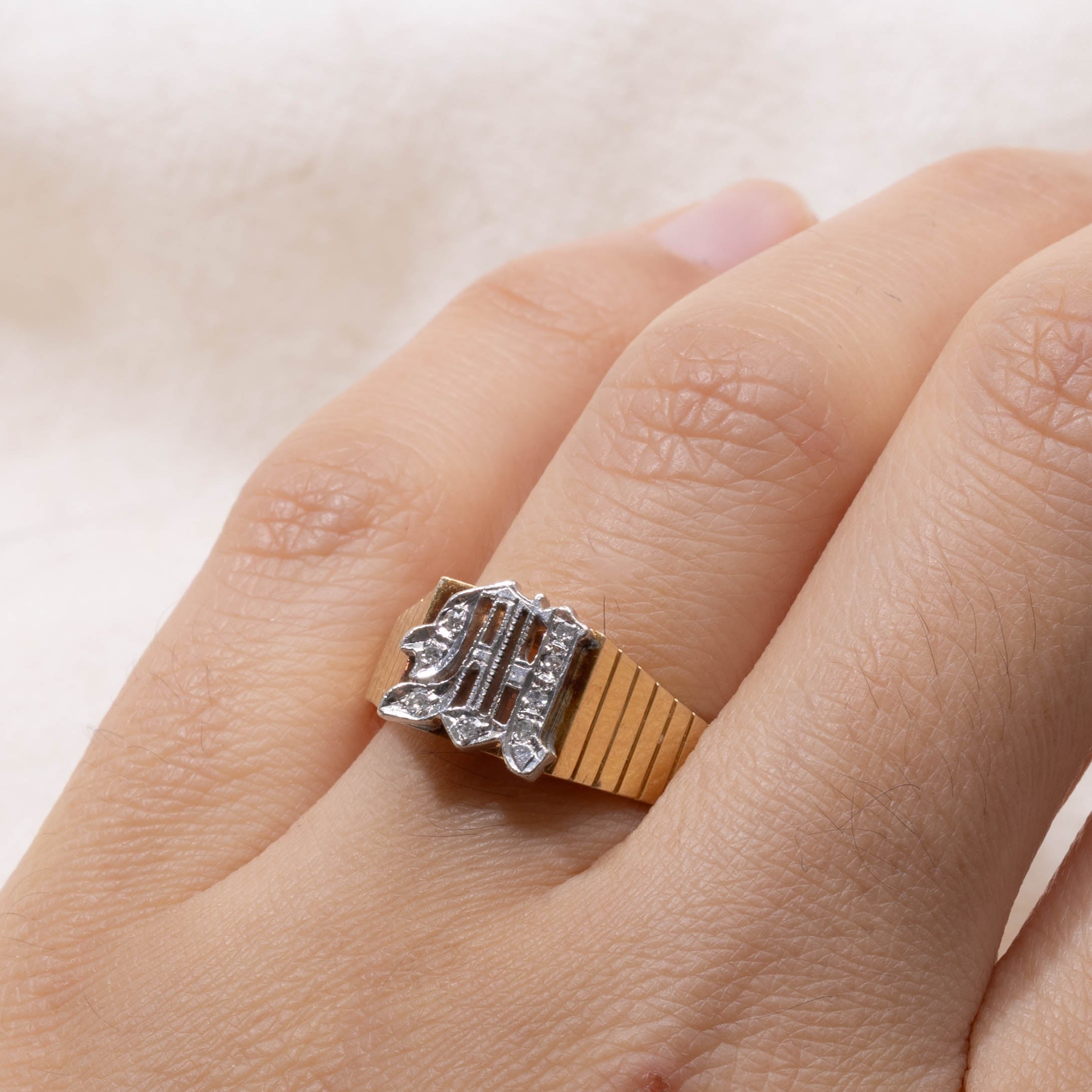 14k Diamond “AH" Initialized Fluted Ring | SZ 8