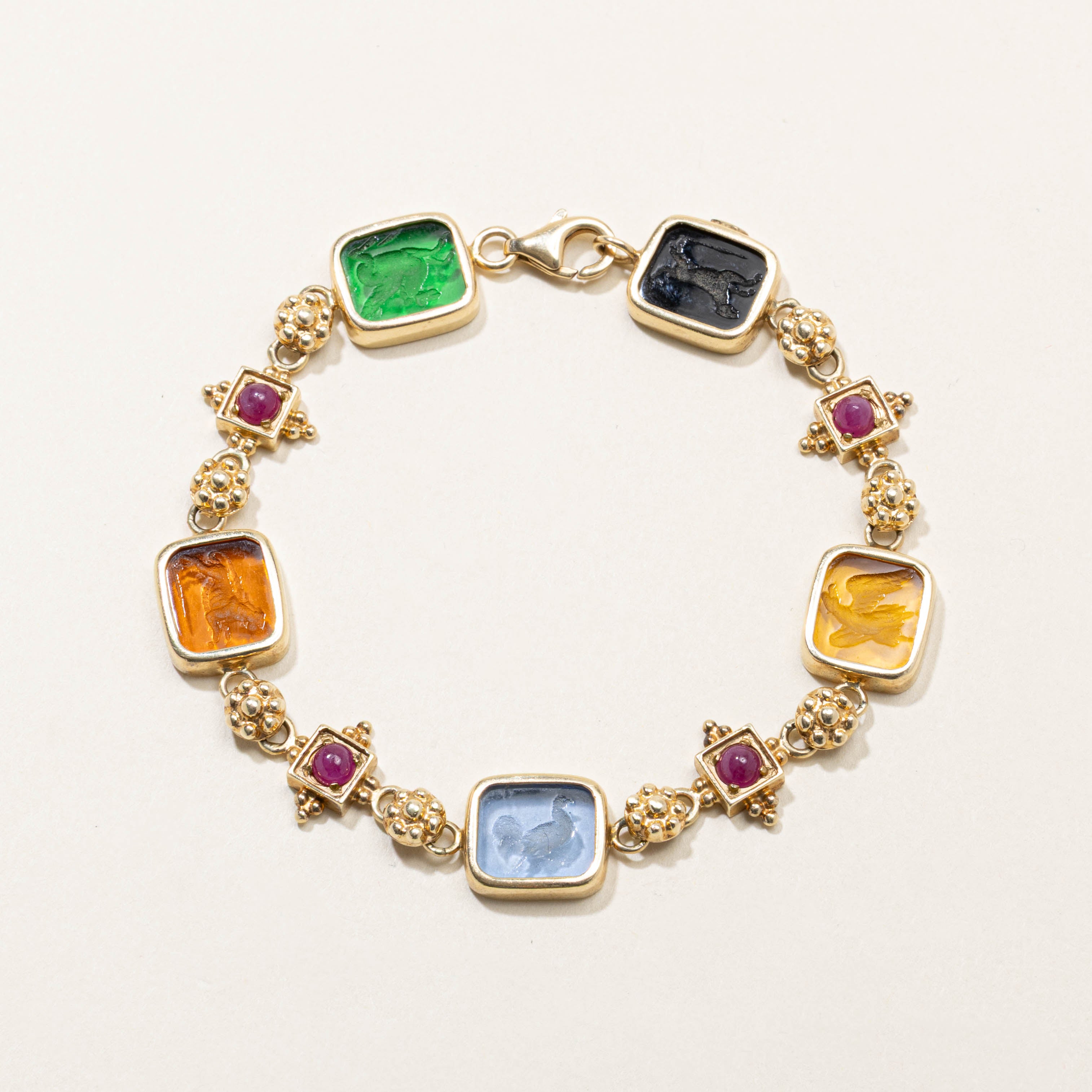14k Bezel Set Ruby & Glass Intaglio Rainbow Bracelet | 1.40ctw, 25.00ctw