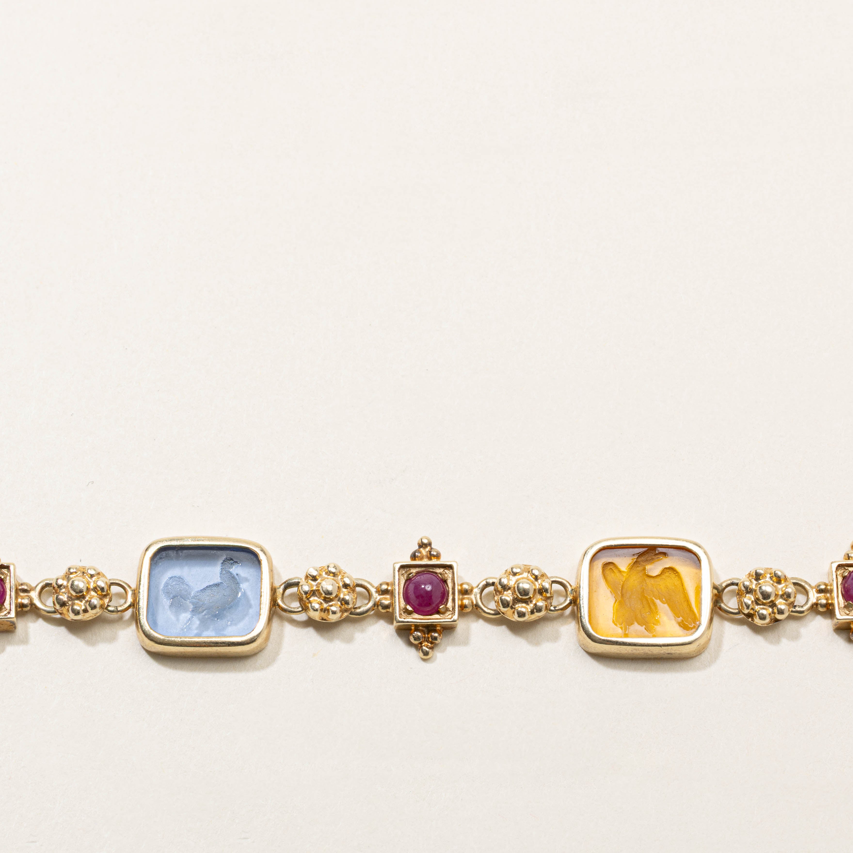 14k Bezel Set Ruby & Glass Intaglio Rainbow Bracelet | 1.40ctw, 25.00ctw