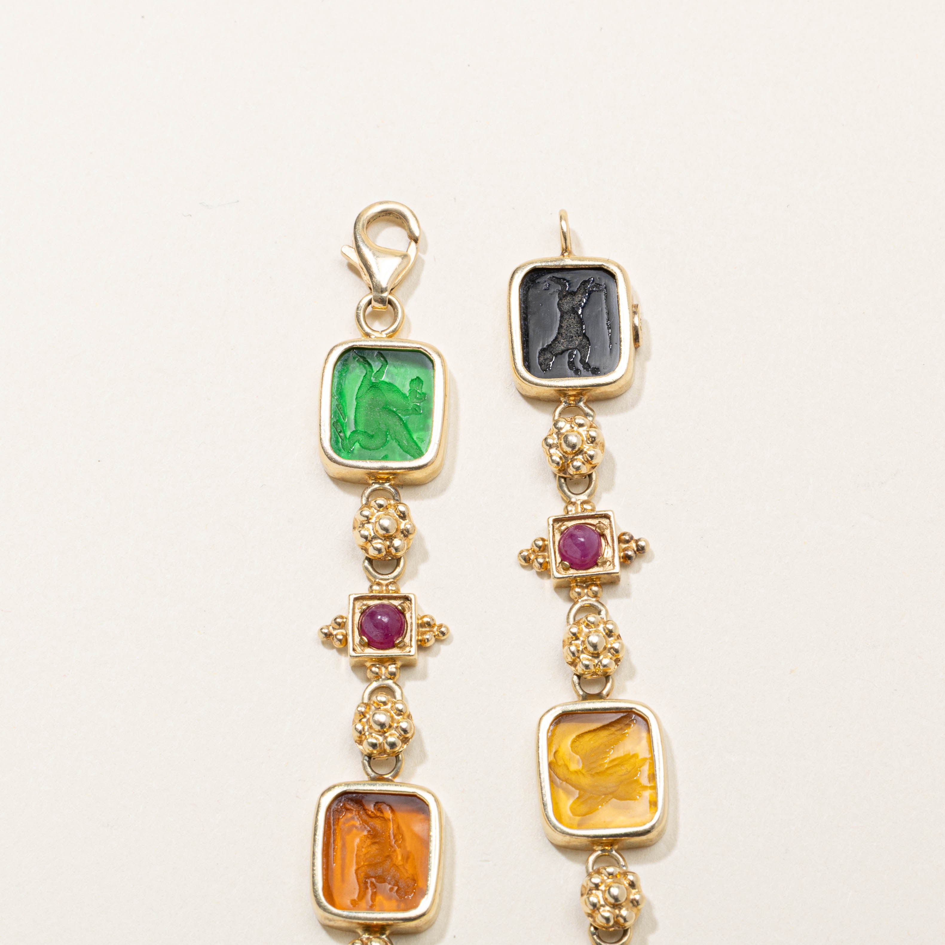 14k Bezel Set Ruby & Glass Intaglio Rainbow Bracelet | 1.40ctw, 25.00ctw