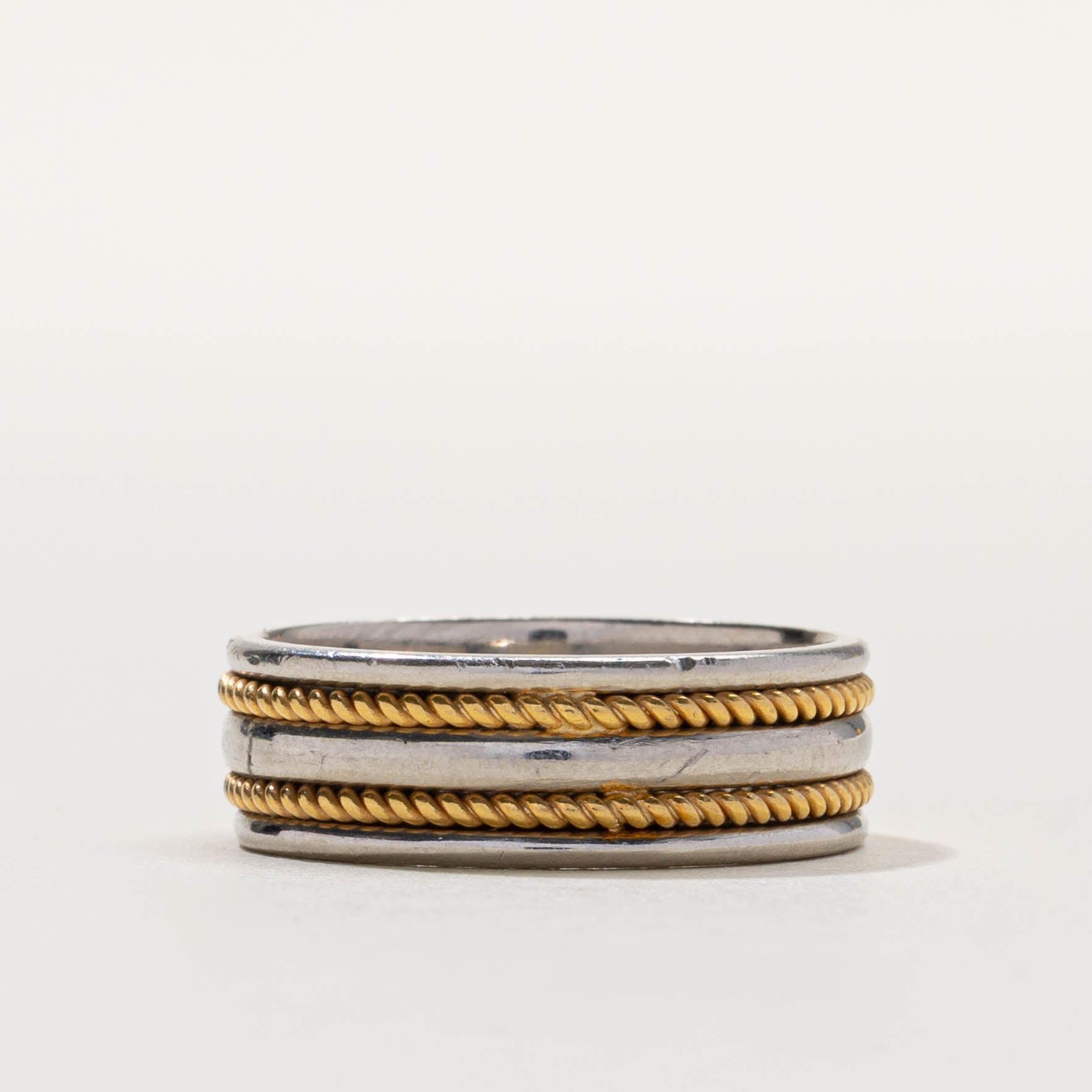 24k Yellow Gold & Platinum Rope Textured Band | 6.95mm | SZ 8.75