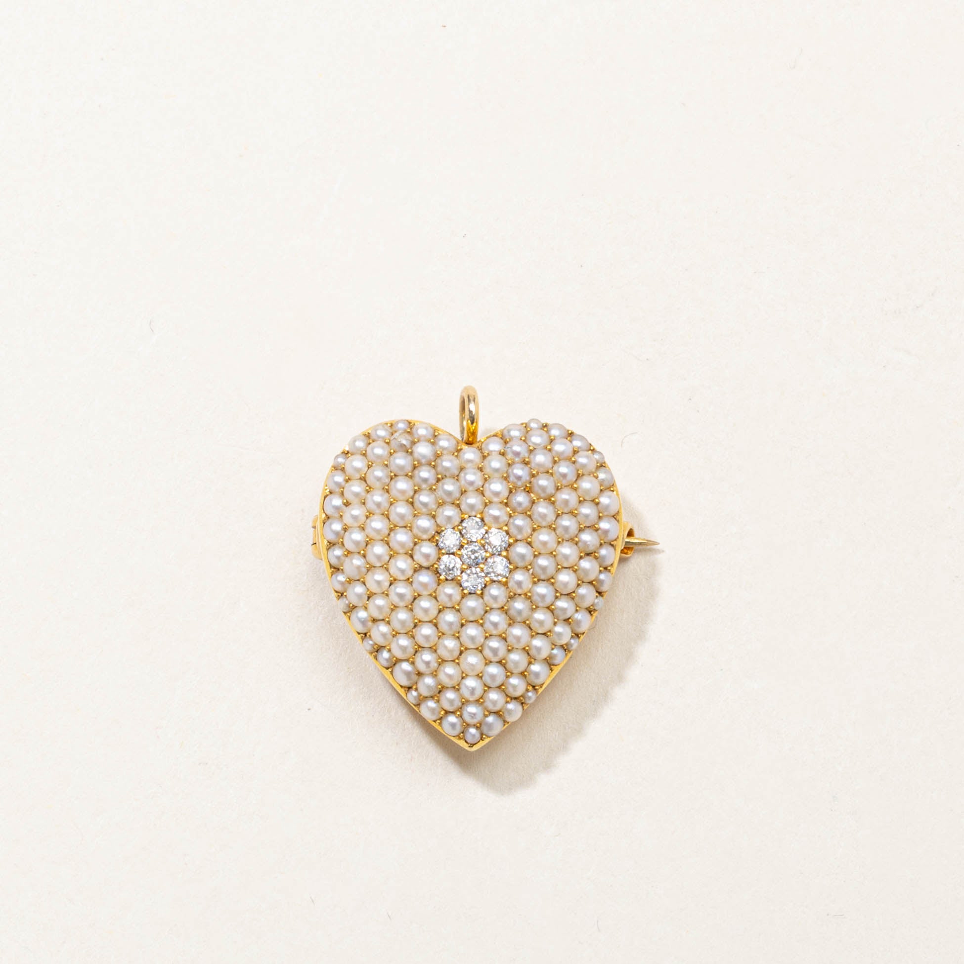 Antique Pave Set Seed Pearl & Diamond Heart Brooch | 0.14ctw