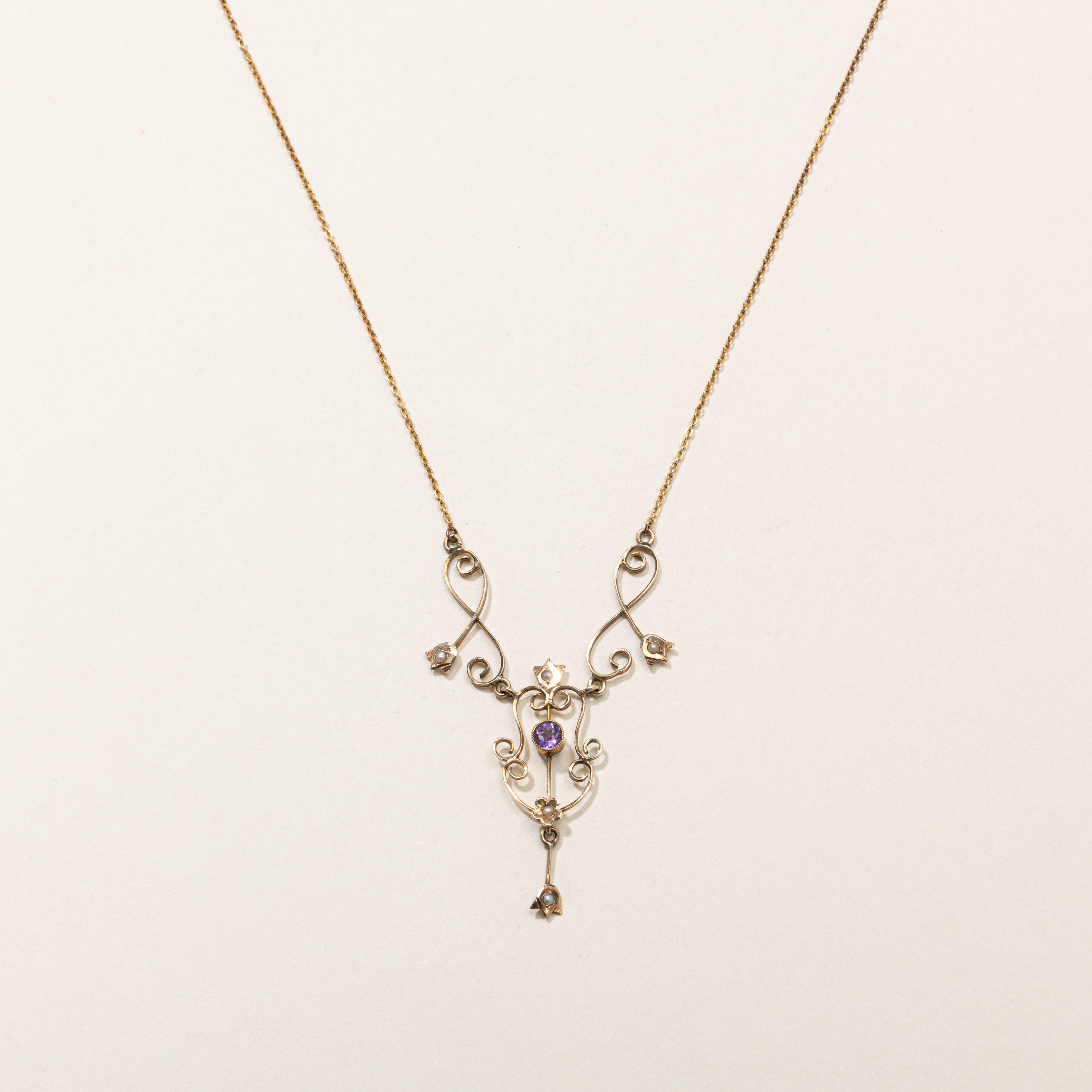 10k Art Nouveau Amethyst & Pearl Scrollwork Necklace | 0.20ct | 16"
