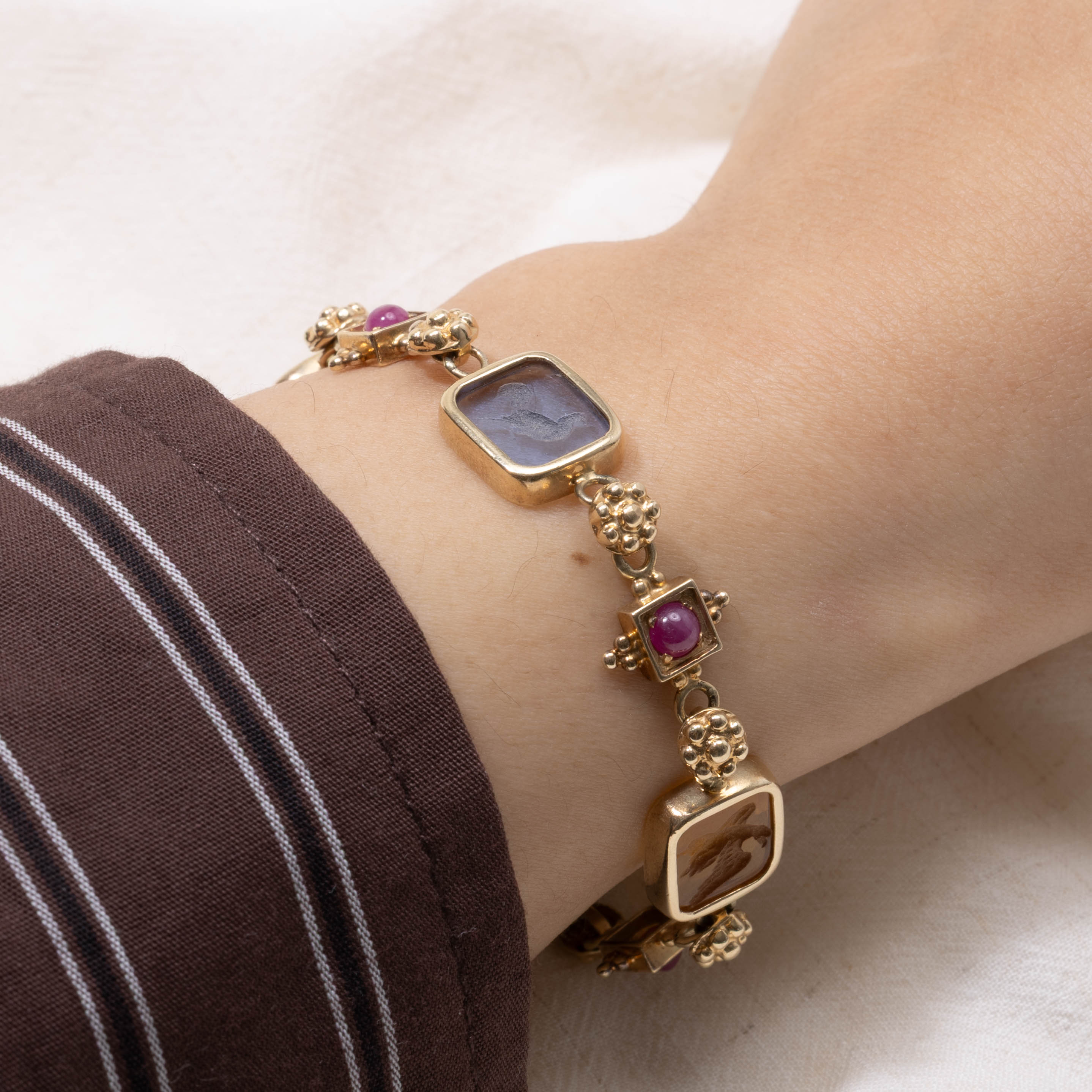 14k Bezel Set Ruby & Glass Intaglio Rainbow Bracelet | 1.40ctw, 25.00ctw
