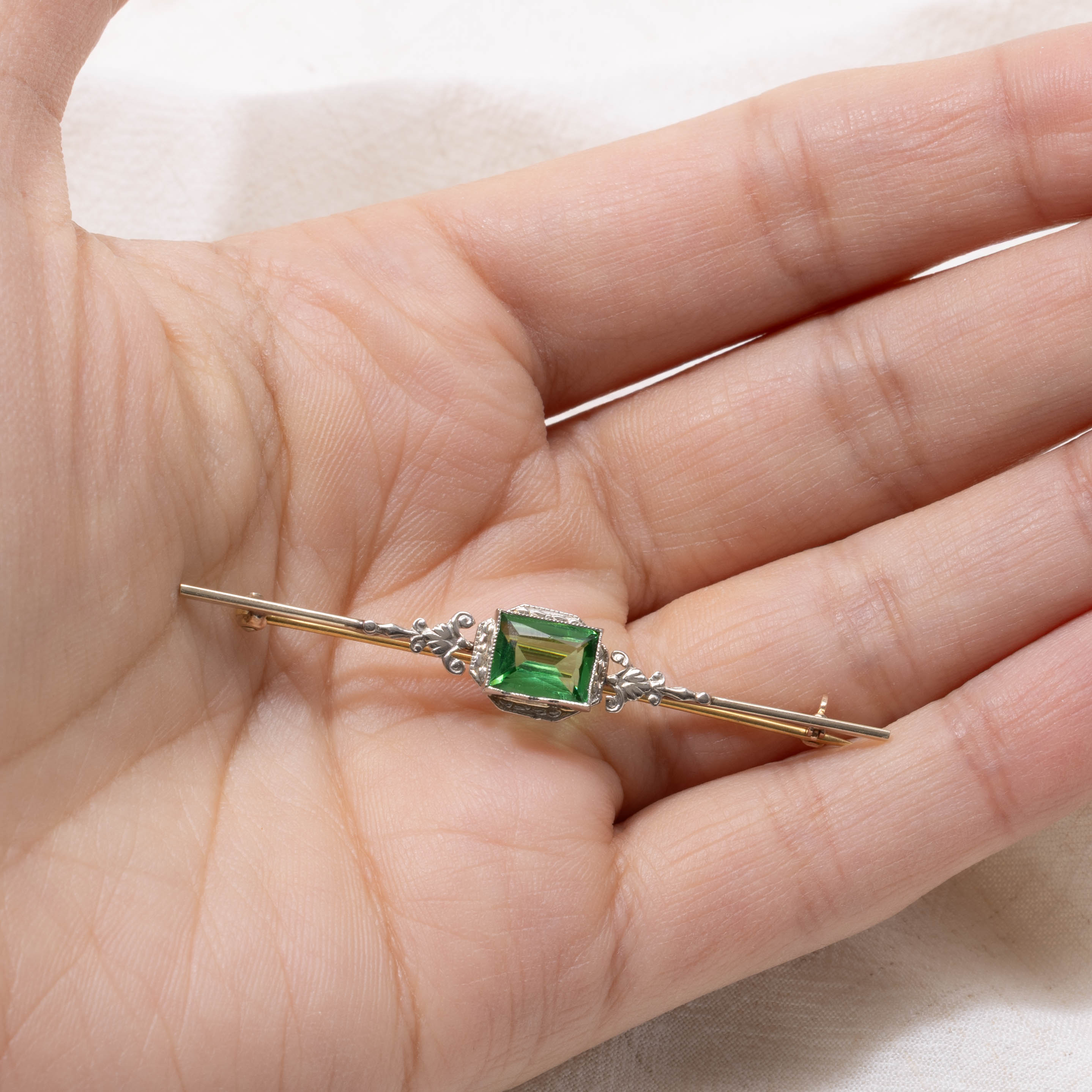 Art Deco Two Tone Green Glass Bar Brooch | 1.60ct