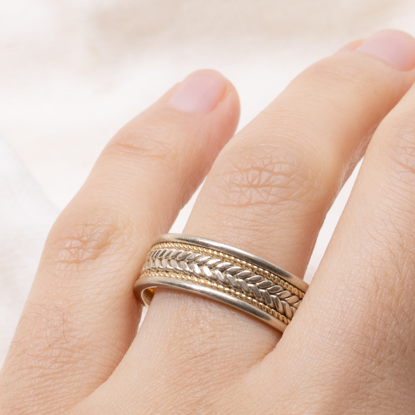 14k Two Tone Gold Woven Textured Band | 7.40mm | SZ 11