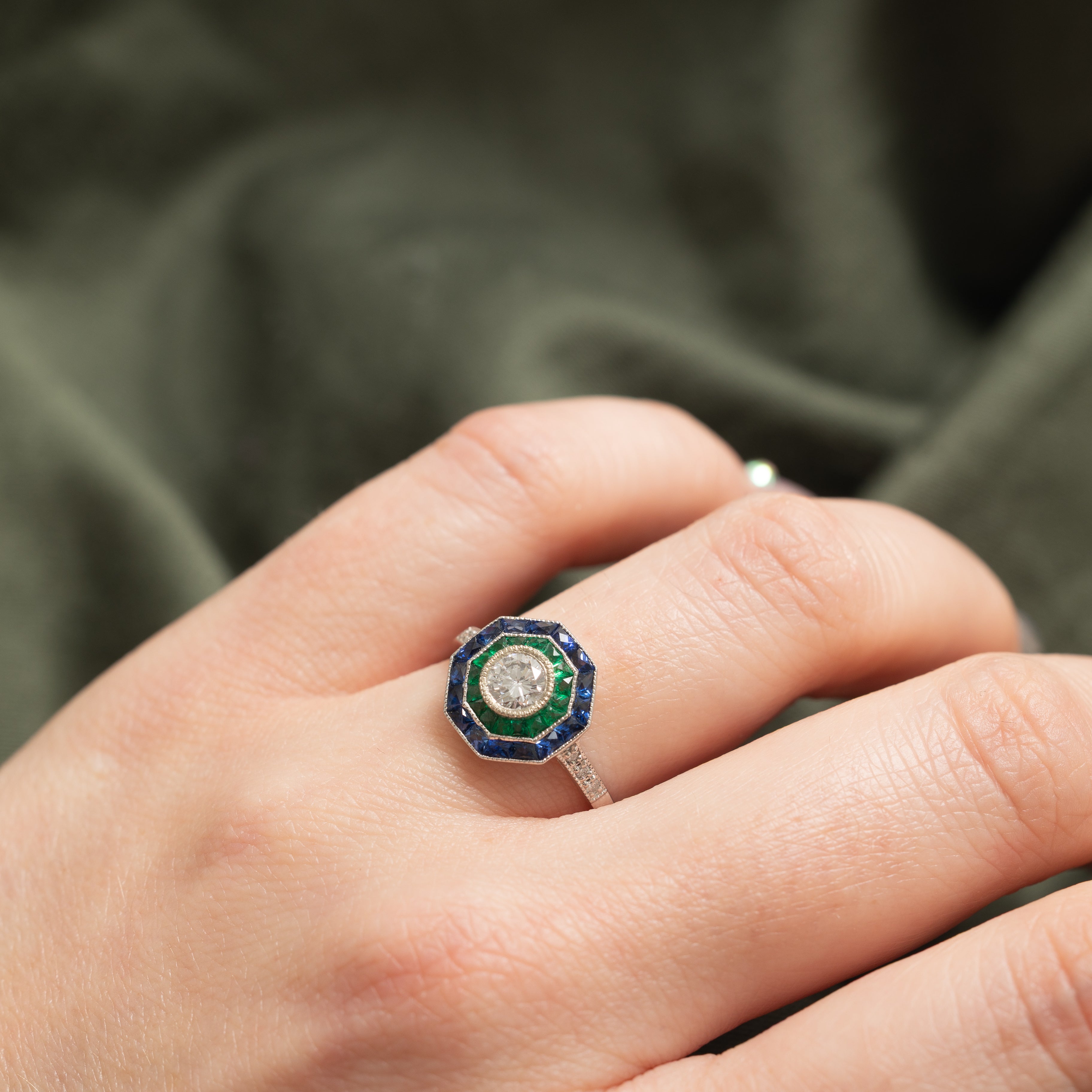 '100 Ways' Art Deco Inspired GIA Diamond, Sapphire and Emerald Ring | 0.40ct, 1.20ctw, 0.45ctw | 6.75