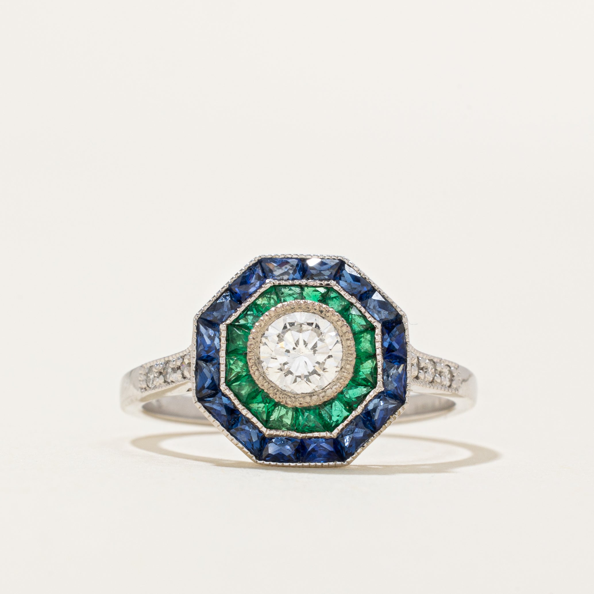 '100 Ways' Art Deco Inspired GIA Diamond, Sapphire and Emerald Ring | 0.40ct, 1.20ctw, 0.45ctw | 6.75