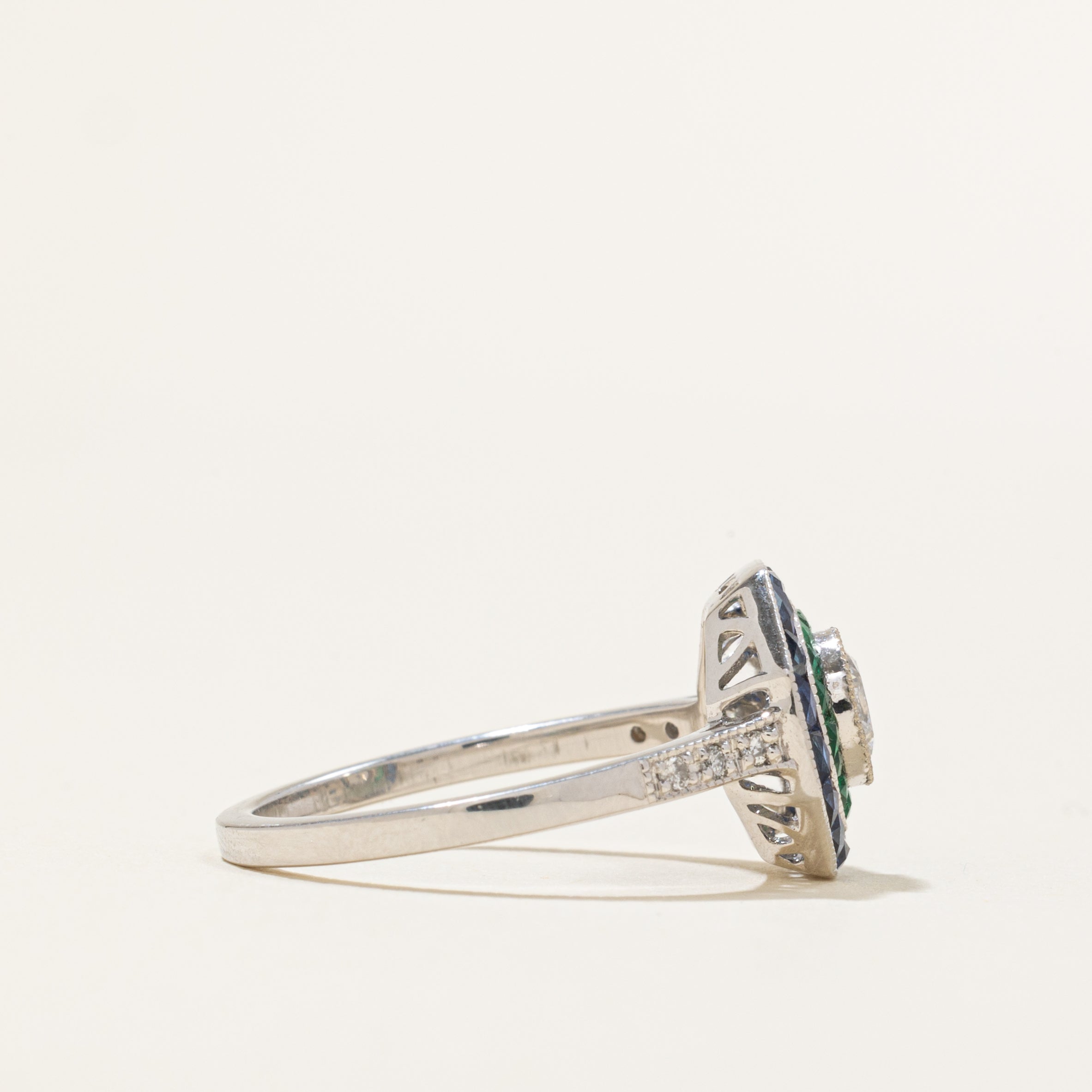'100 Ways' Art Deco Inspired GIA Diamond, Sapphire and Emerald Ring | 0.40ct, 1.20ctw, 0.45ctw | 6.75