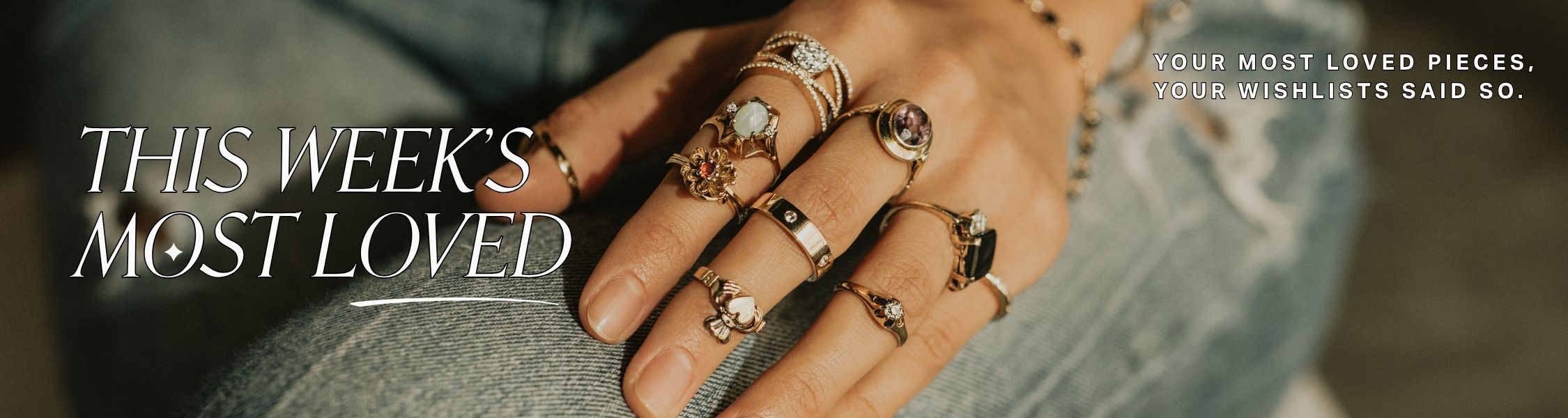 Hand wearing multiple rings with text about 'This Week's Most Loved' pieces.