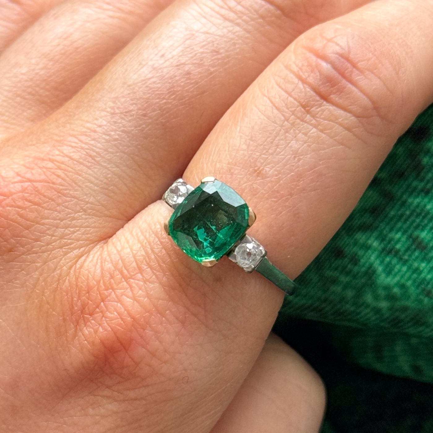 Natural Emerald & Old-cut Diamond Ring | 2.15ct, 0.24ctw | SZ 7.5 |