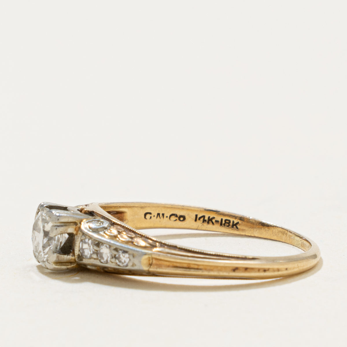 Early Art Deco 14k & 18k Transitional Cut Diamond Ring | 0.27ct, 0.06ct | SZ 5.25