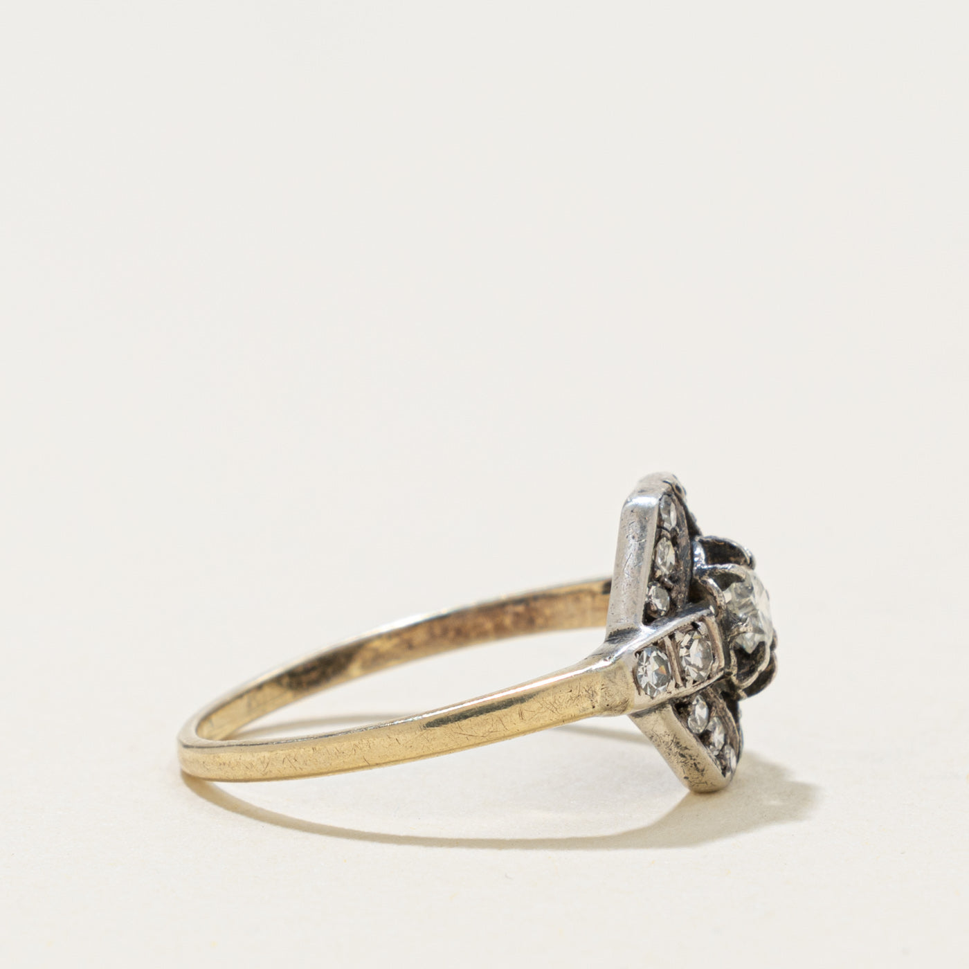 Art Deco 14k Silver Top Diamond Geometric Ring | 0.17ct, 0.20ctw | SZ 6