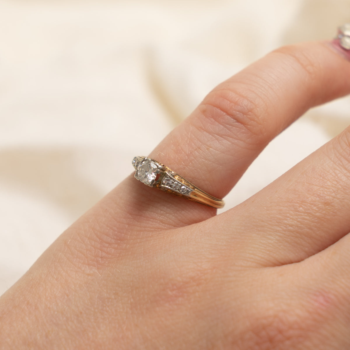 Early Art Deco 14k & 18k Transitional Cut Diamond Ring | 0.27ct, 0.06ct | SZ 5.25