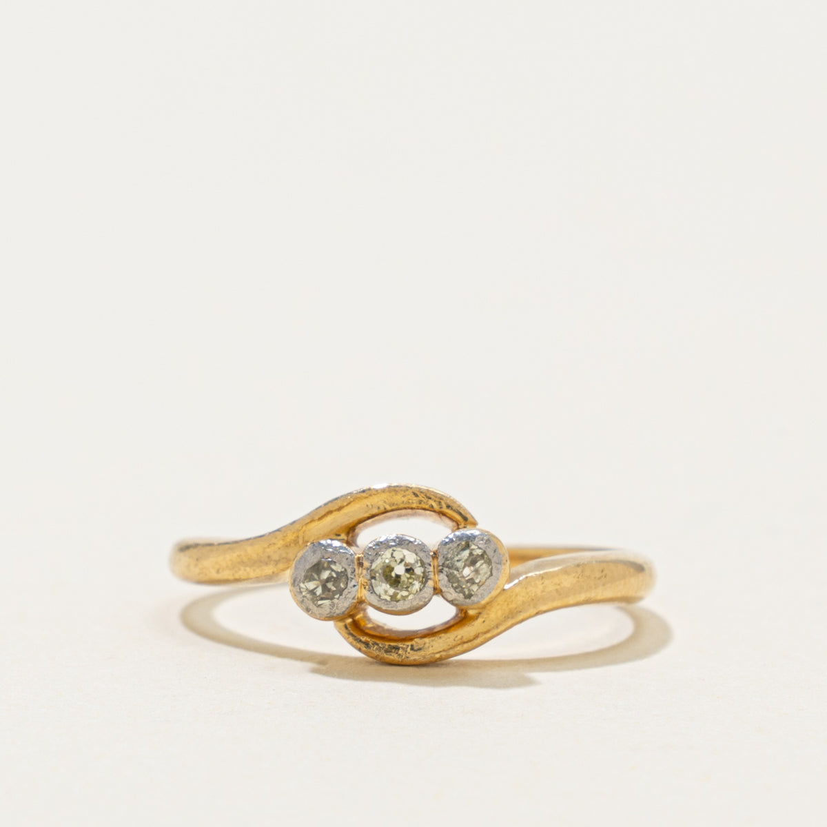 18k Three Stone Old Mine Cut Yellow Diamond Bypass Ring | 0.04ctw | SZ 4.75